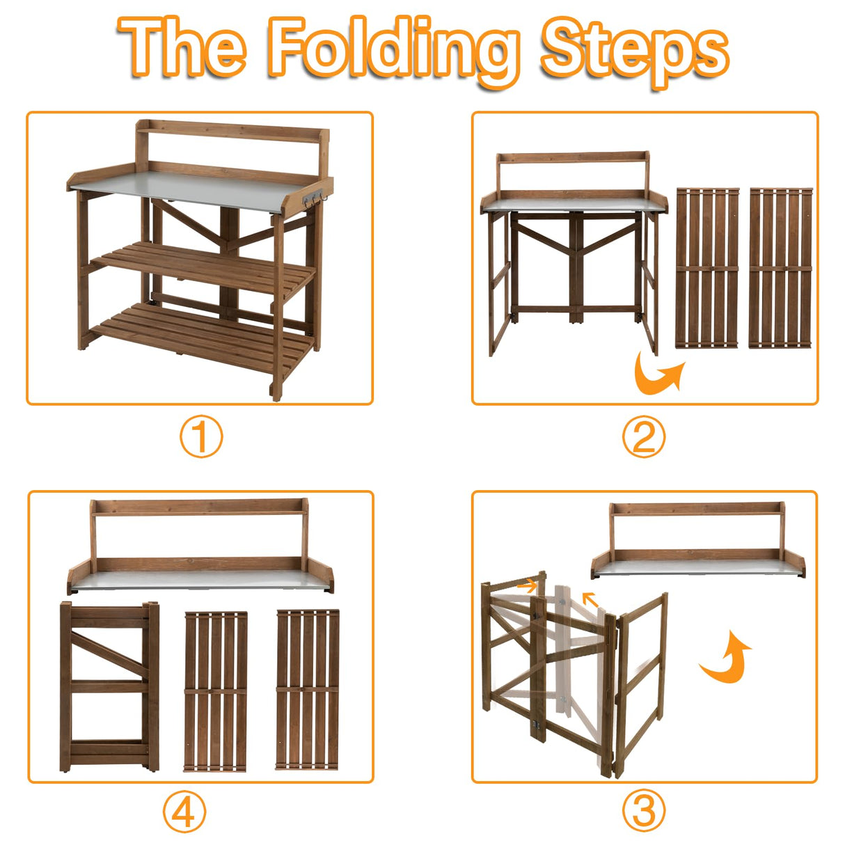 Ketive Folding Potting Bench Table,Outdoor Potting Bench Garden Wooden Potting Table,Fir Wood Workstation Planting Table with Galvanized Tabletop,2 Tier Storage Shelves,Top Shelf(Brown) ketive