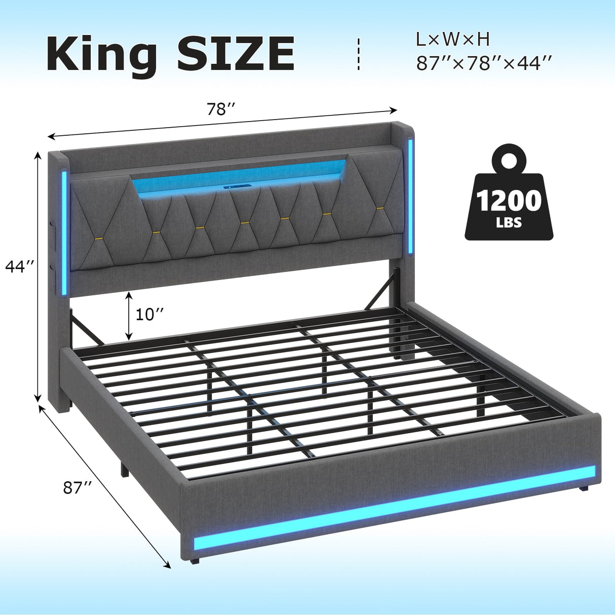 BYSAUD King Size Bed Frame with LED Lights & Charging Station, LED King Bed with Hidden Space and 2-Tier Shelves, Upholstered Metal Bed Frame with Headboard, No Box Spring Needed, Dark Gray, Linen BYSAUD