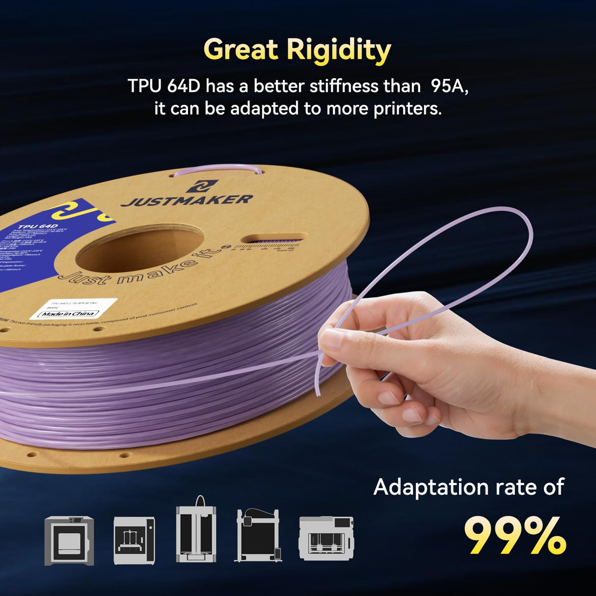 JUSTMAKER TPU 64D 3D Printer Filament, Flexible Materials with Superior Performance, Upgrade Cardboard Spool, 1kg, Dimensional Accuracy +/-0.05mm, 1.75mm, Flower Cyanine JUSTMAKER