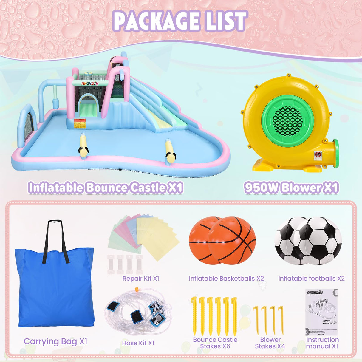 AKEYDIY Inflatable Bounce House Double Slides for Kids, Giant Bounce Castle 21.3FT x14.7FT with Pool, Multiple Game Areas and 950w Blower, for Party Holiday Outdoor Indoor (Dual Slide - Macaron) AKEYDIY