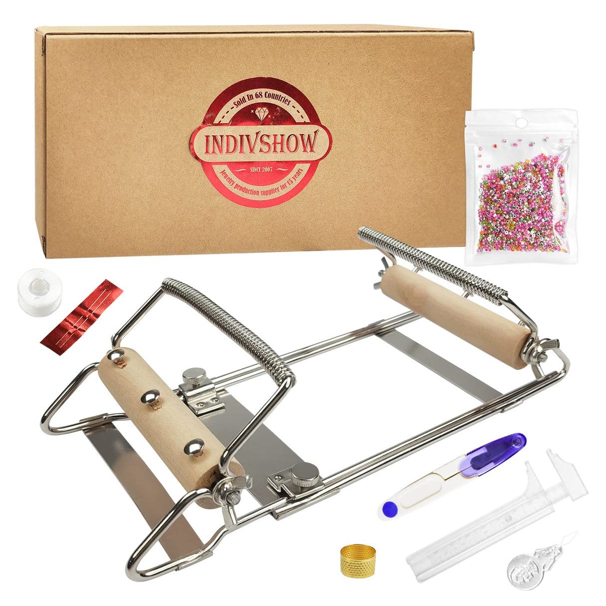 INDIVSHOW Adjustable Bead Loom,Seed Bead Loom Kit Includes Thread,Beading Needles, 8000 Grains Czech Beads,Calipers, Thimble,Yarn Scissors for Adults Kit,Bracelet Making Kit INDIVSHOW
