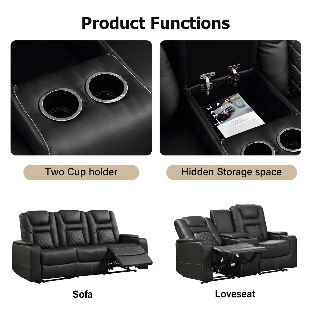 CANMOV Home Theater Seating Seats, Theater Recliner Chair Power Recliner Sofa with Console, Cup Holders, Hidden Arm Storage, USB Ports,Black CANMOV