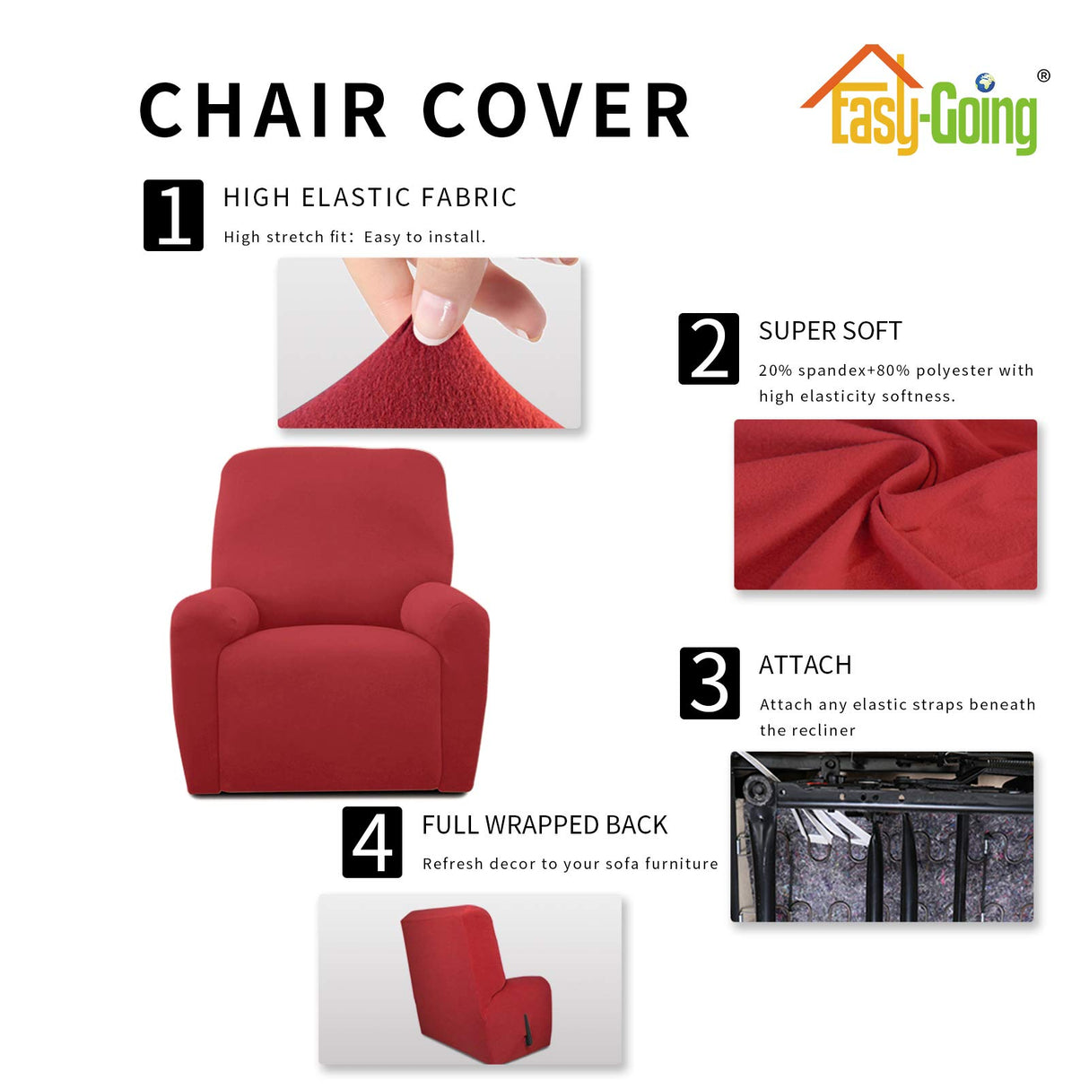 Easy-Going 4 Pieces Microfiber Stretch Recliner Slipcover – Spandex Soft Fitted Sofa Couch Cover, Washable Furniture Protector with Elastic Bottom for Kids, Pet(Recliner, Christmas Red) Easy-Going
