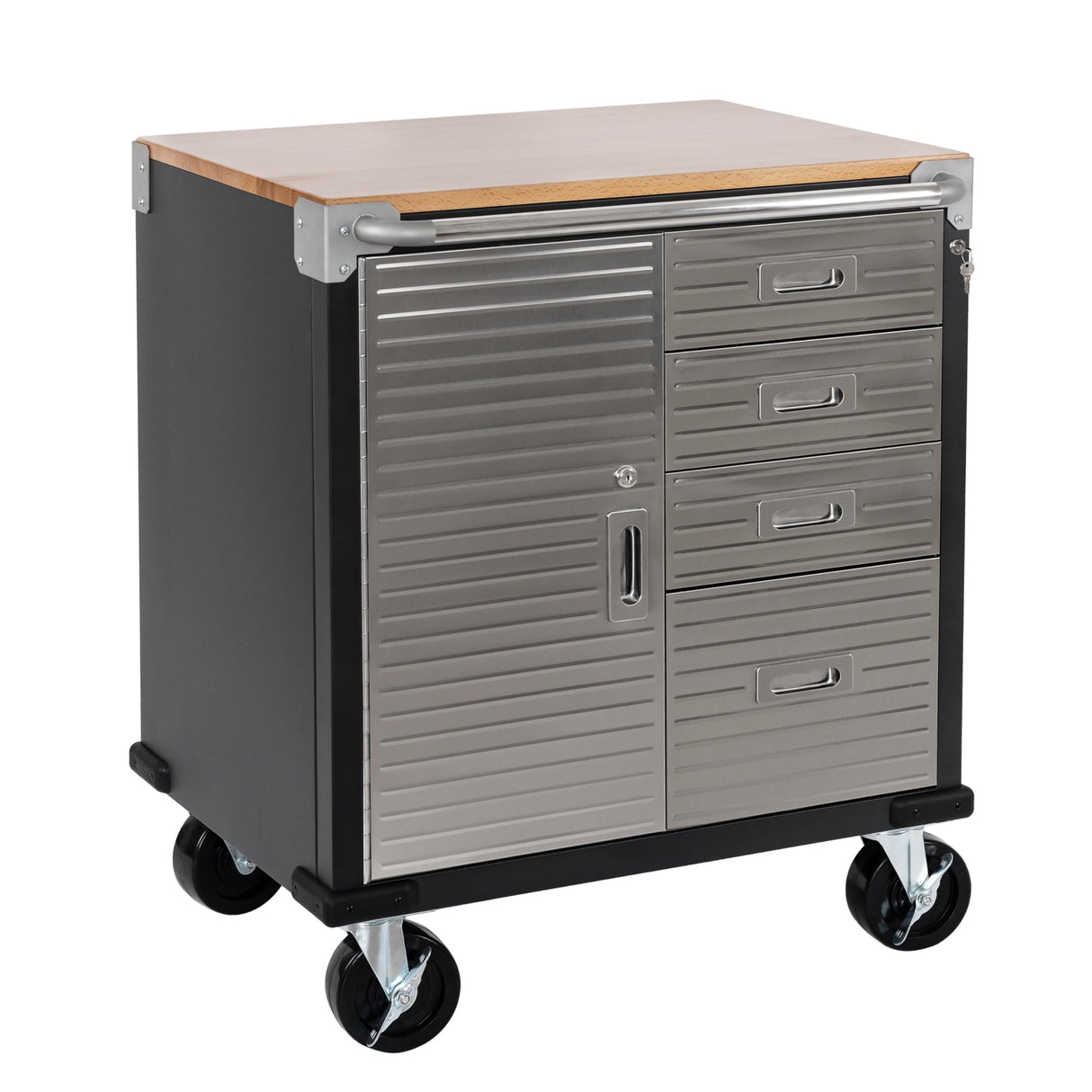 Seville Classics UltraHD Heavy Duty Rolling Cabinet Workbench Table w/Solid Wood Top Workstation for Garage, Office, Workshop, 1-Door, 4-Drawer (28" W x 25" D), Graphite Seville Classics