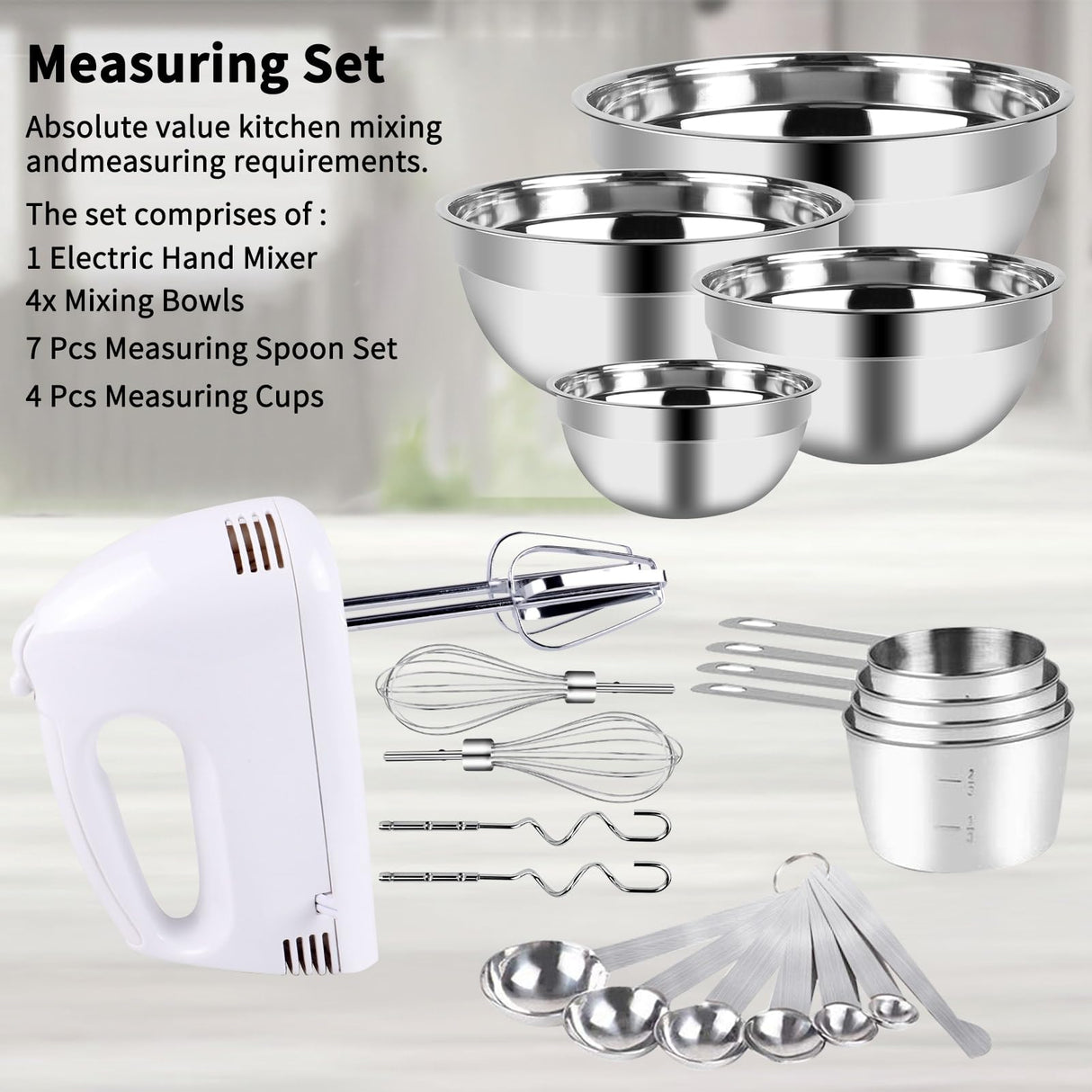 WEPSEN Hand Mixer Electric Mixing Bowls Set, 5 Speeds Handheld Mixer with 4 Nesting Stainless Steel Mixing Bowl, Measuring Cups Spoons 200W Kitchen Blender Whisk Beater Baking Supplies For Beginner WEPSEN