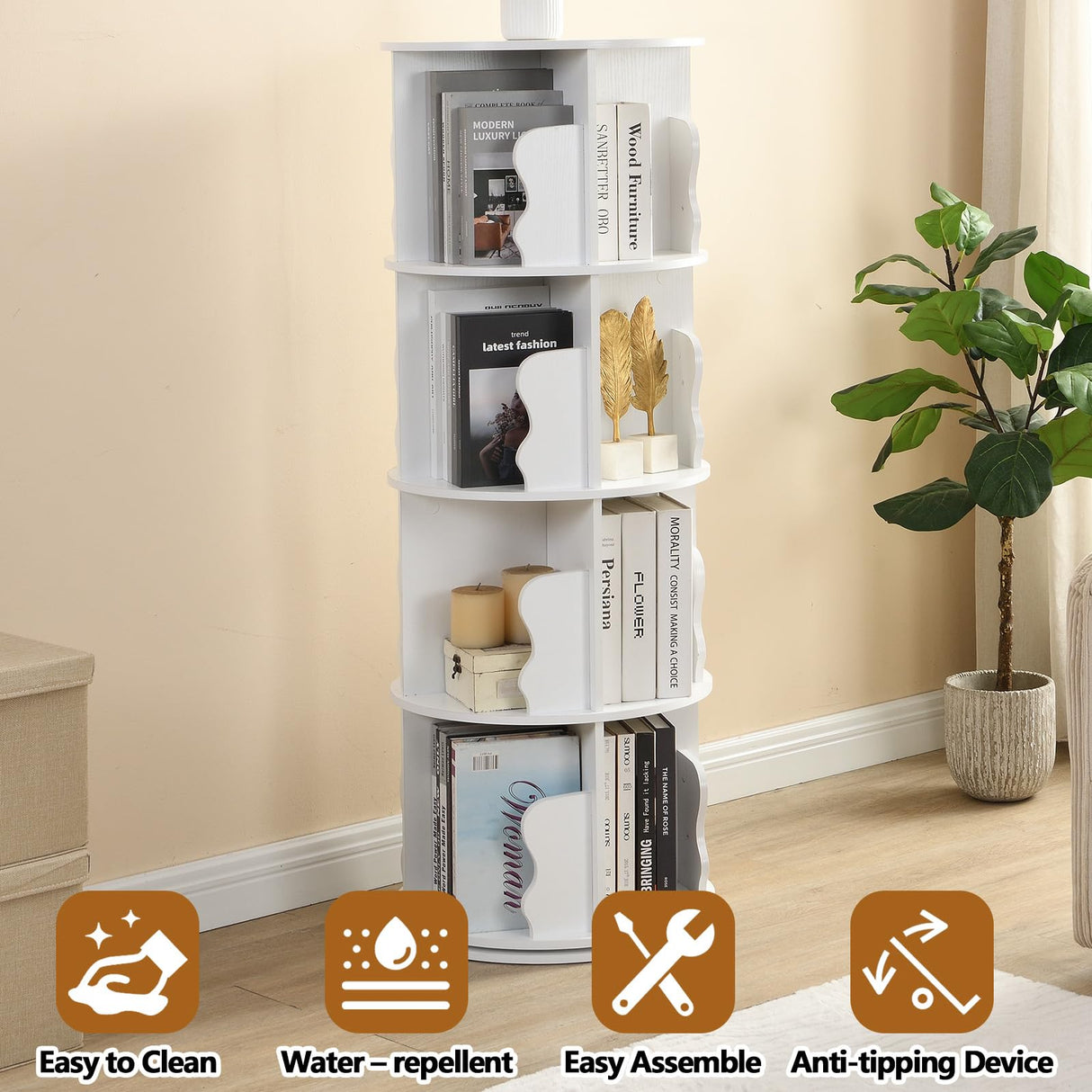 Anwick White Rotating Bookshelf Tower- 4 Tier Spinning Book Shelf for Small Space, 360 Display Circle Floor Standing Bookshelf for Kids & Adults Anwick