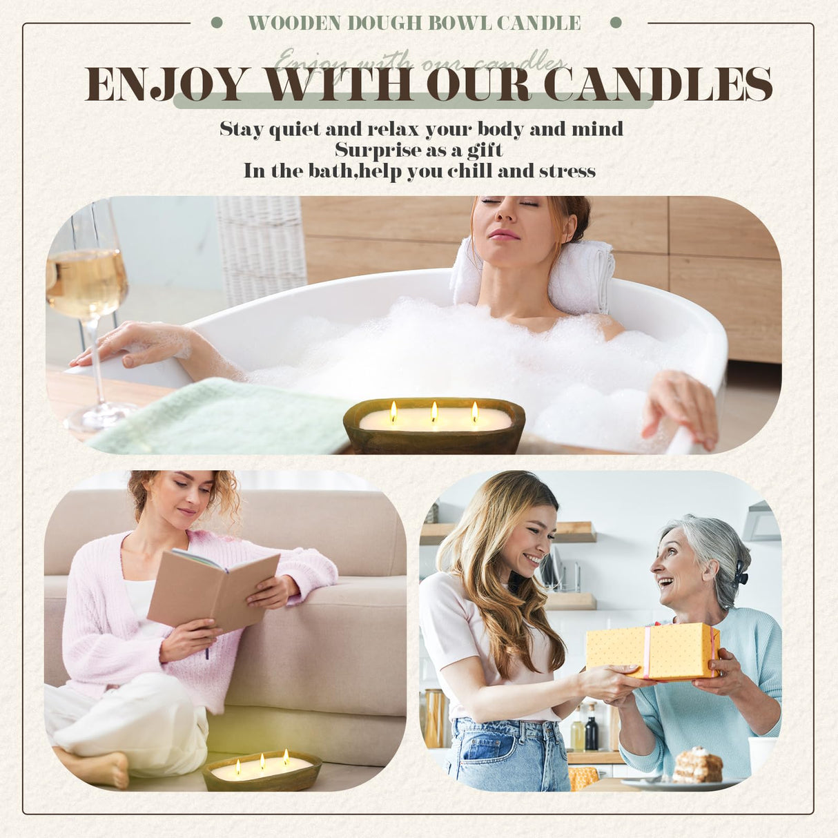 Threlaco 2 Pack 10 Inch Wood Dough Bowl Candle Candle Decorative with Wick Scented Candles Soy Gifts for Men Women Farmhouse Table Centerpiece Home(Sage and Eucalyptus) Threlaco