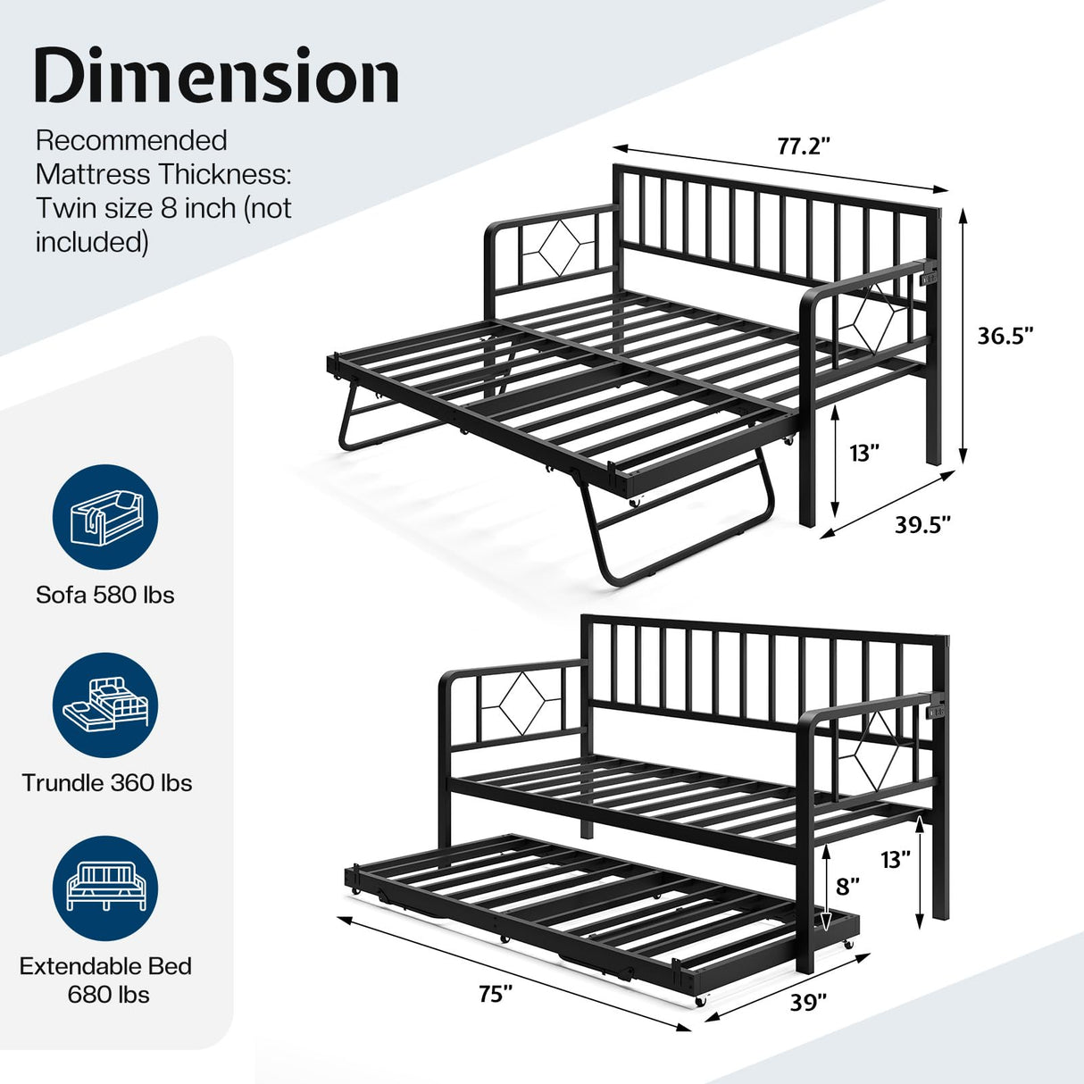 Jocisland DayBed with Charging Station and LED Lights, Metal Twin Daybed with Trundle, Versatile Sofa Bed Frame with Steel Slat Support for Living Room, Bedroom, Guest Room (Pure Black) Jocisland