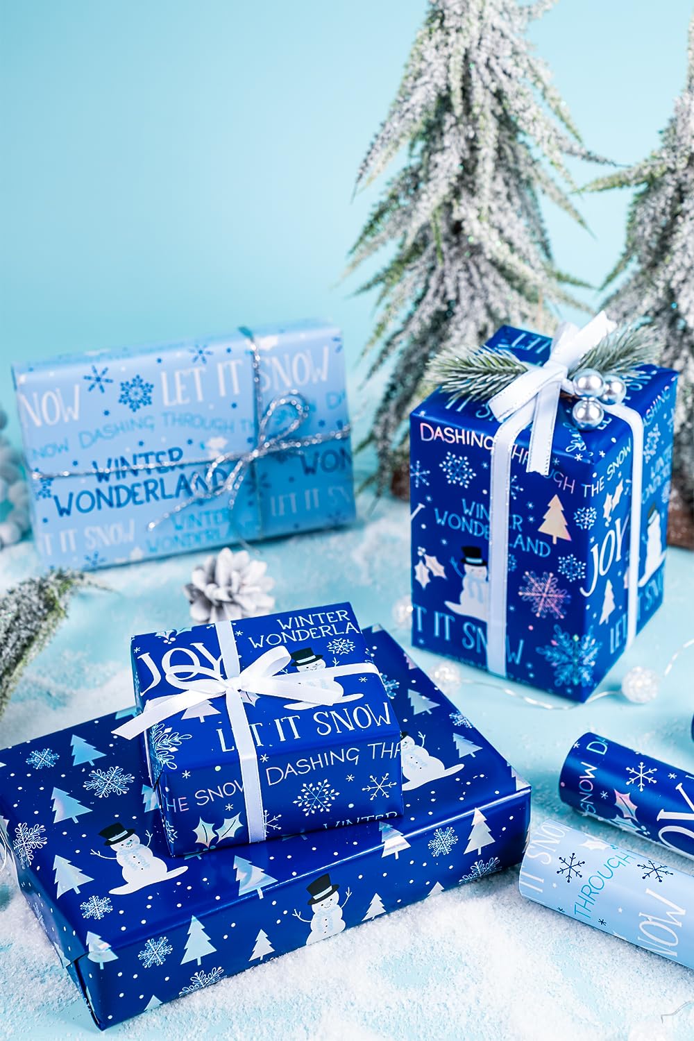 WRAPAHOLIC Christmas Wrapping Paper Roll - Mini Roll - 3 Rolls - 17 Inch x 120 Inch Per Roll - Blue and White Winter Wondland, Snowflake, Snowman Holiday Collection with Metallic Foil Shine WRAPAHOLIC