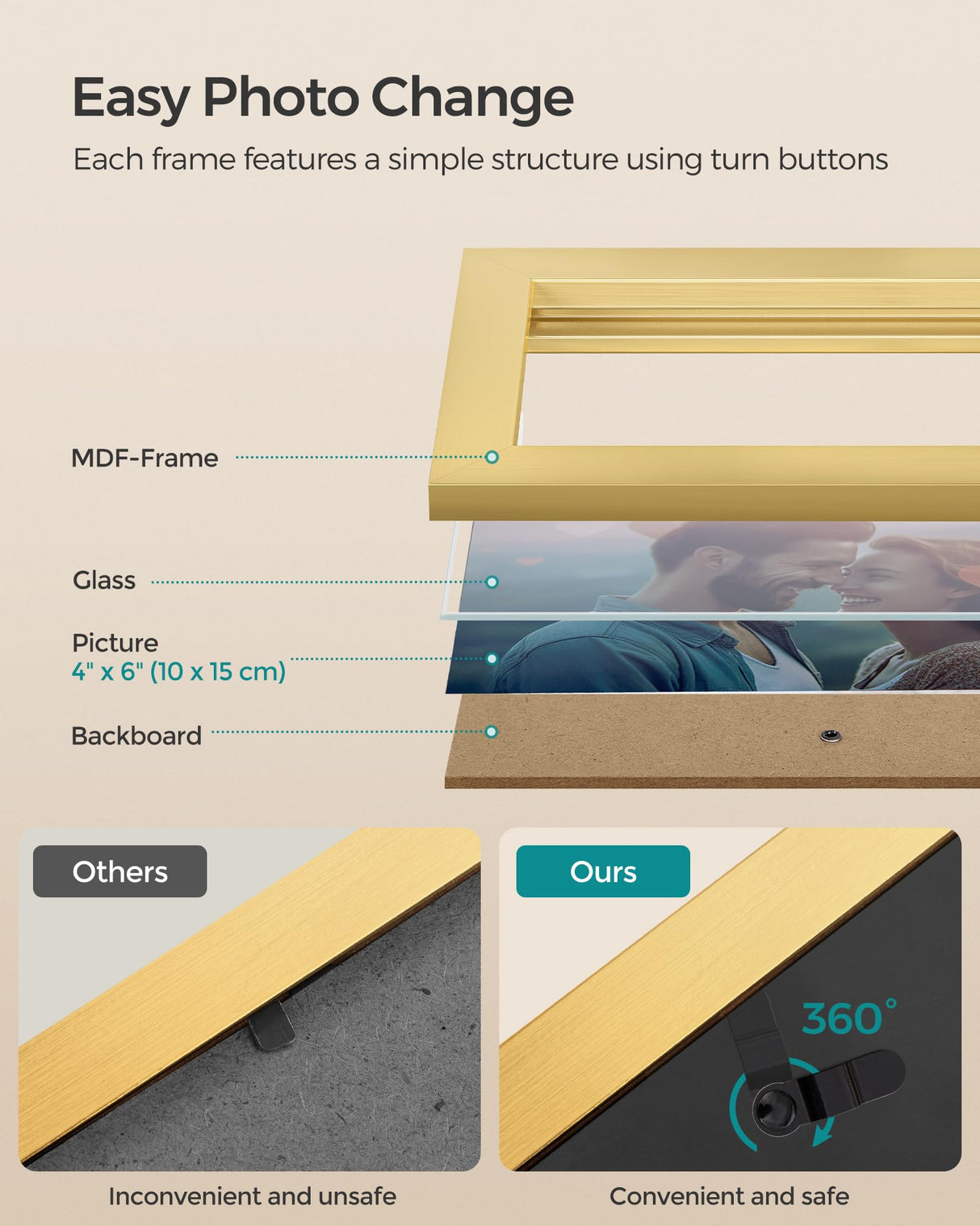 SONGMICS 4x6 Collage Picture Frames, Family Photo Collage Frame Set of 4 for Wall Decor, Glass Front, Wall Hanging or Tabletop, Pale Gold SONGMICS