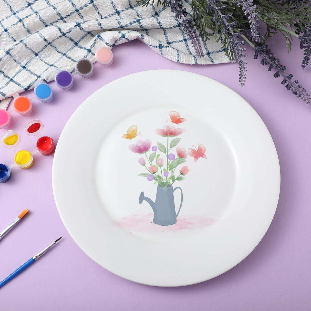 Marspark 6 Pcs 9 Inches Ceramic Painting Plate White Ceramic Plates with 6 Sets of 12 Colors Paint 6 Sets of 2 Brushes Porcelain Painting Craft Set for Family Gatherings Activities Art Supplies Marspark