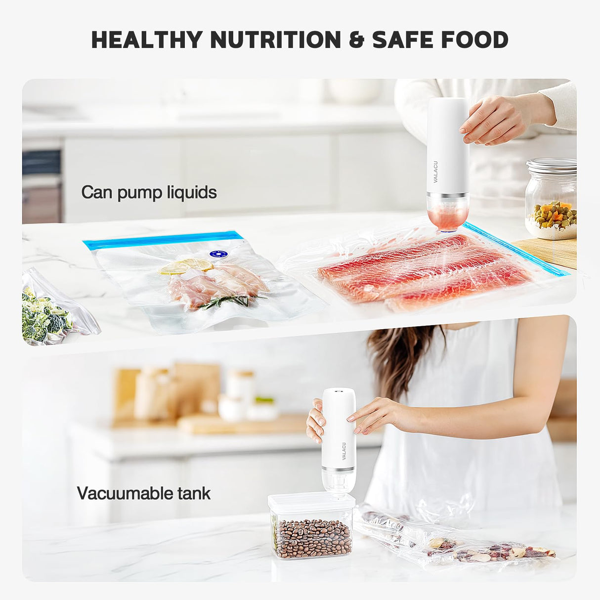 Vacuum Sealer for Food, Food Saver Vacuum Sealer Machine,Bag Sealer Comes with 15 Reusable Food Bags, HandHeld Food Sealer Vacuum Sealer for Sealing Meats Vegetables Fruits and Food with Liquid VALACU