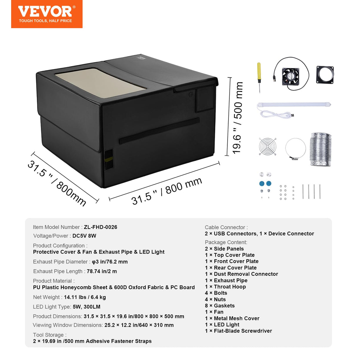 VEVOR Enclosure 31.5 x 31.5 x 19.6, Flame Retardant and Fireproof Cover, with Exhaust Fan and Pipe, Insulates Smoke, Noise and Eye Protection, Fits for Most Laser Engraver, Black VEVOR