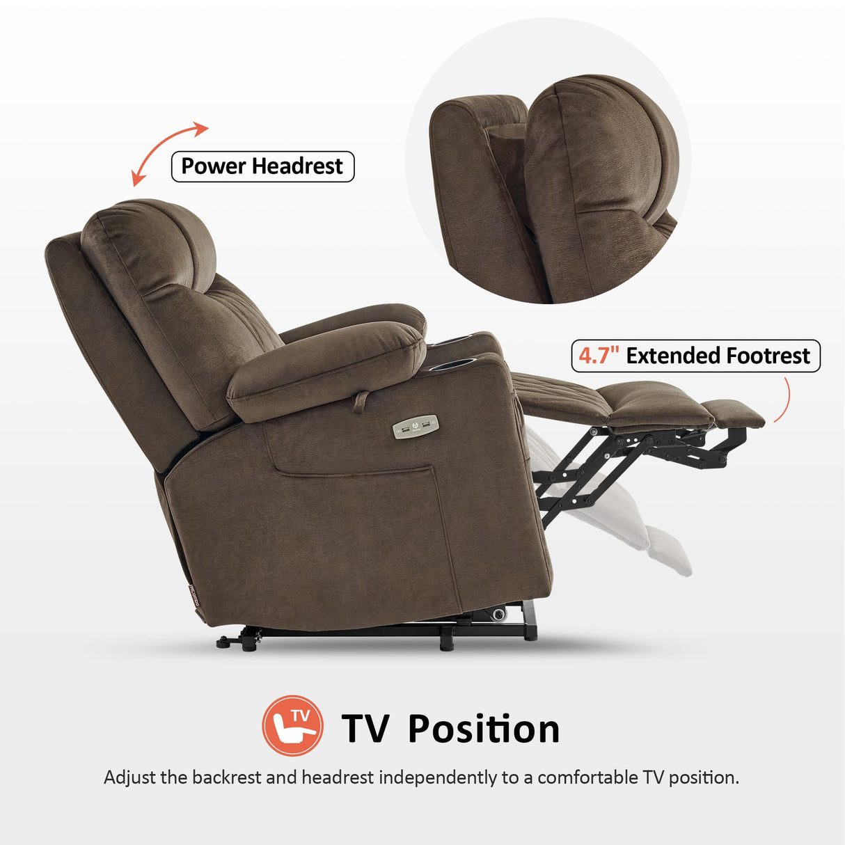 MCombo Small Size Triple Motor Power Lift Recliner Chair Sofa with Massage and Dual Heating, Adjustable Headrest for Elderly People Petite, USB Ports, Extended Footrest, Fabric 7222 (Coffee) MCombo