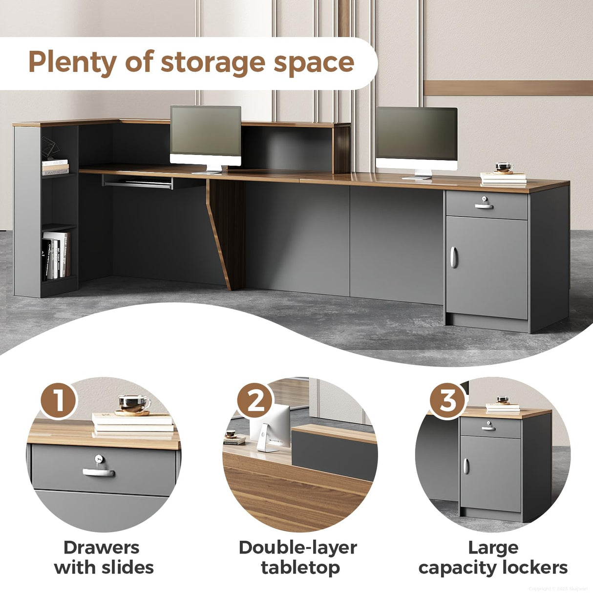 Modern L-Shaped Reception Desk with Hutch, Office Reception Counter Table with Lockable Drawer and Door Cabinet, Wooden Computer Front Desk (Walnut+lron Gray-Right Cabinet, 62.99"L*23.62"W*41.34"H) Nuipesn