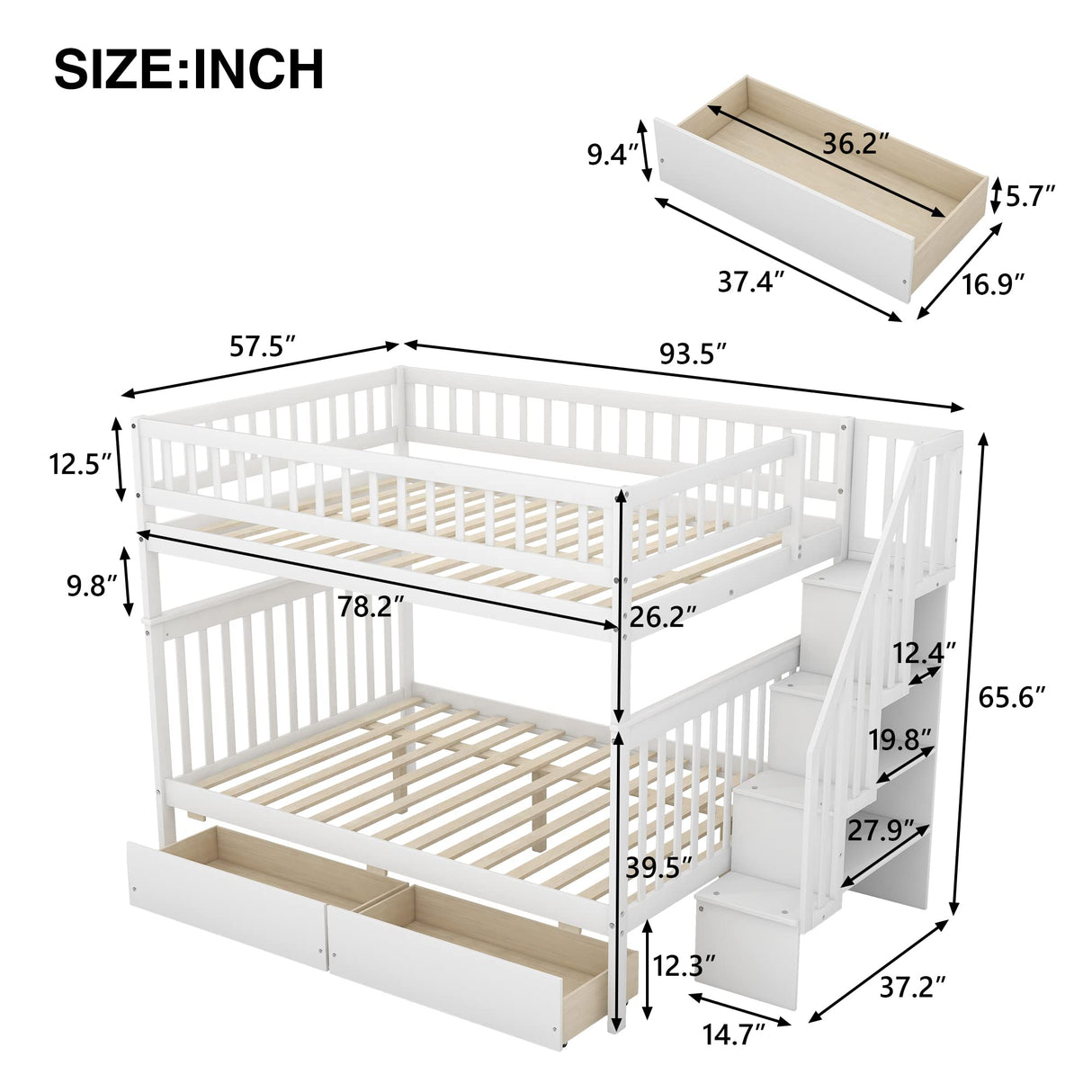 Harper & Bright Designs Modern White Full Over Full Bunk Bed with Stairs and Storage Drawers Harper & Bright Designs