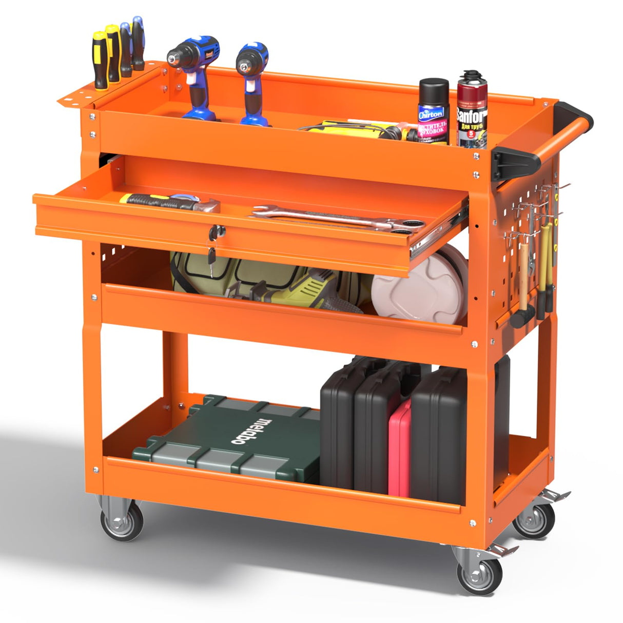 Pelnuies 3 Tray Tool Cart with Drawers, 400 LBS Capacity Rolling Tool Cart on Wheels, Heavy Duty Utility Cart with Pegboard, Mechanic Tool Storage Cart for Garage, Warehouse and Repair Shop, Orange Pelnuies