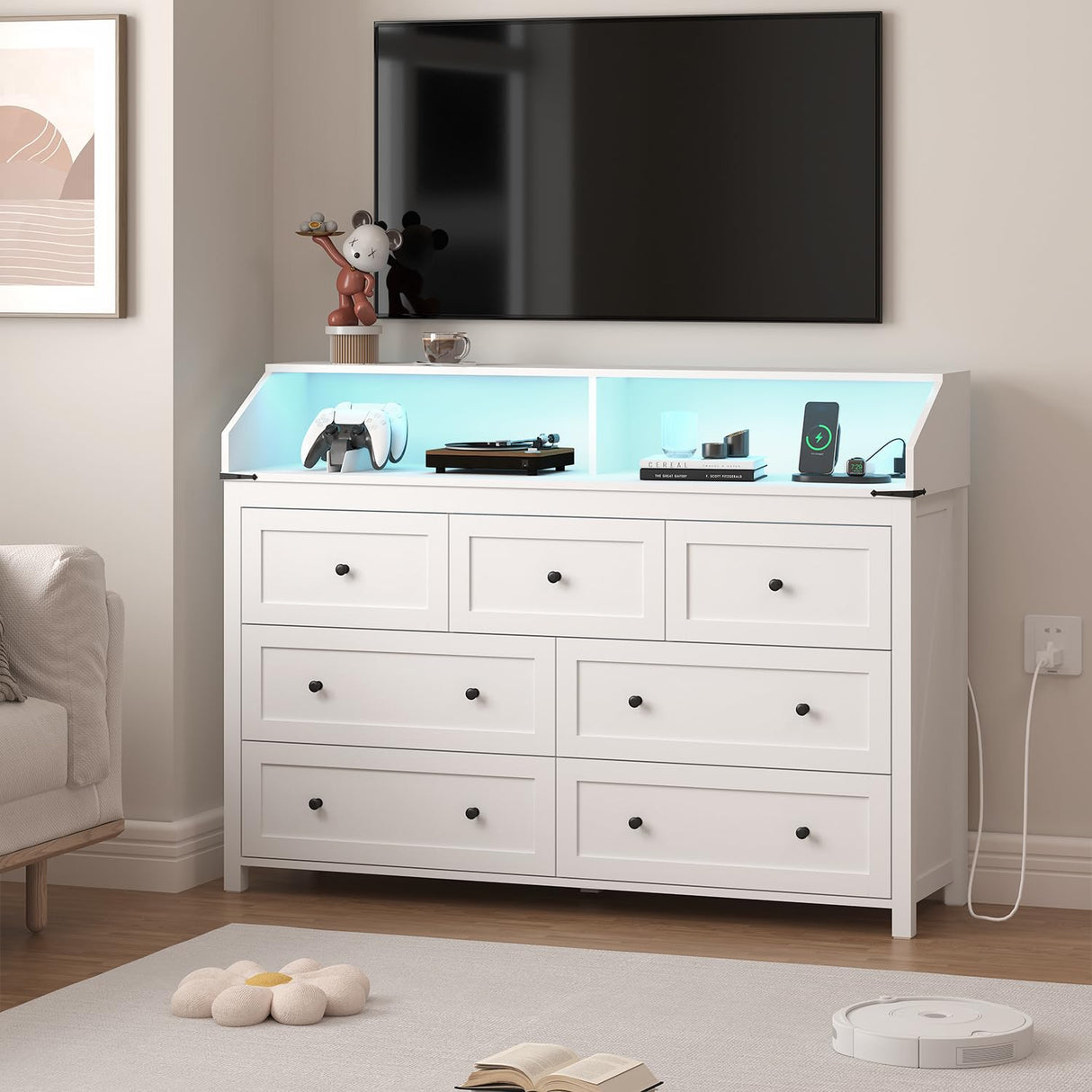 Wodeer Dresser for Bedroom with Power Strip & LED Light,7-Drawer Dresser & Chest of Drawers with Deep Drawers, Wood Double Dresser Storage Cabinet for Bedroom,Living Room, Hallway,White Wodeer