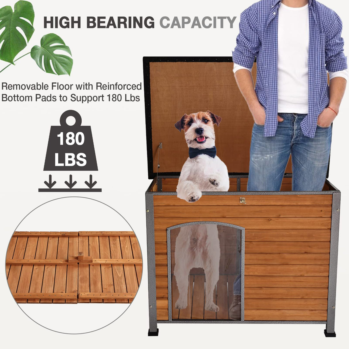 Dog House Outdoor Insulated Dog House for Small Medium Large Dogs, Natural Wood with Iron Frame, Waterproof Roof Raised Feet MEDEHOO