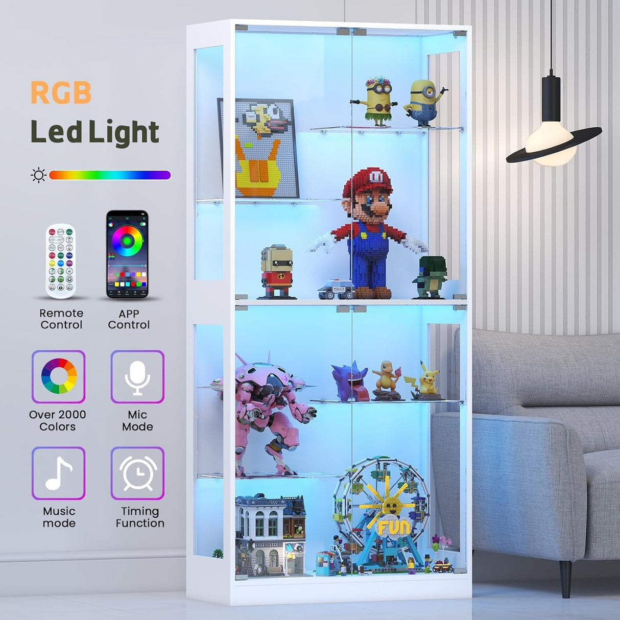 Lamtor 69-Inch Glass Display Cabinet - Adjustable Shelves Display Case, Curio Cabinet with RGB Lighting, for Game Room, Living Room, Bedroom, White Lamtor