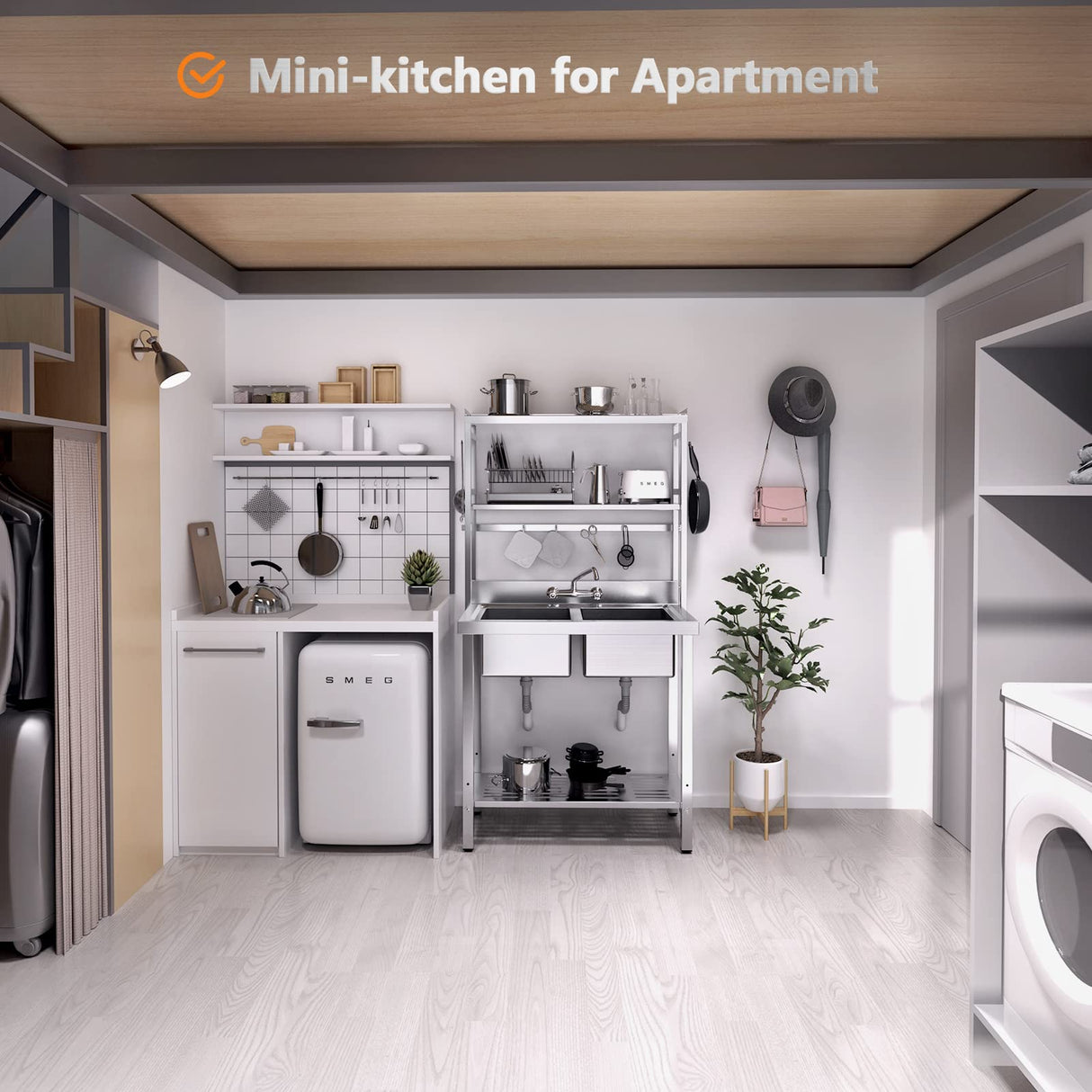 VINGLI 67" 2-Compartment Commercial Sink with Shelves Over & Drying Rack Underneath, 304 Stainless Steel Sink Double Basin with Drain for Restaurant, Freestanding Utility Sink for Laundry Room, Garage VINGLI