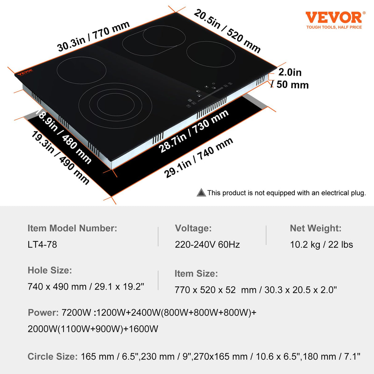 VEVOR Built in Electric Stove Top, 30 inch 4 Burners, 240V Glass Radiant Cooktop with Sensor Touch Control, Timer & Child Lock Included, 9 Power Levels for Simmer Steam Slow Cook Fry VEVOR