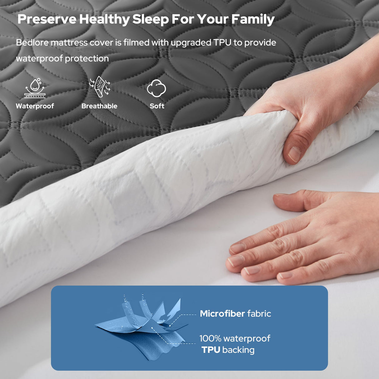 BEDLORE Waterproof Mattress Protector, Twin Size Mattress Pad with Deep Pocket 6"-15" Depth, Soft Breathable Dirt-Proof Single Bed Mattress Cover for Bedroom, Dorm Room (Gray) BEDLORE