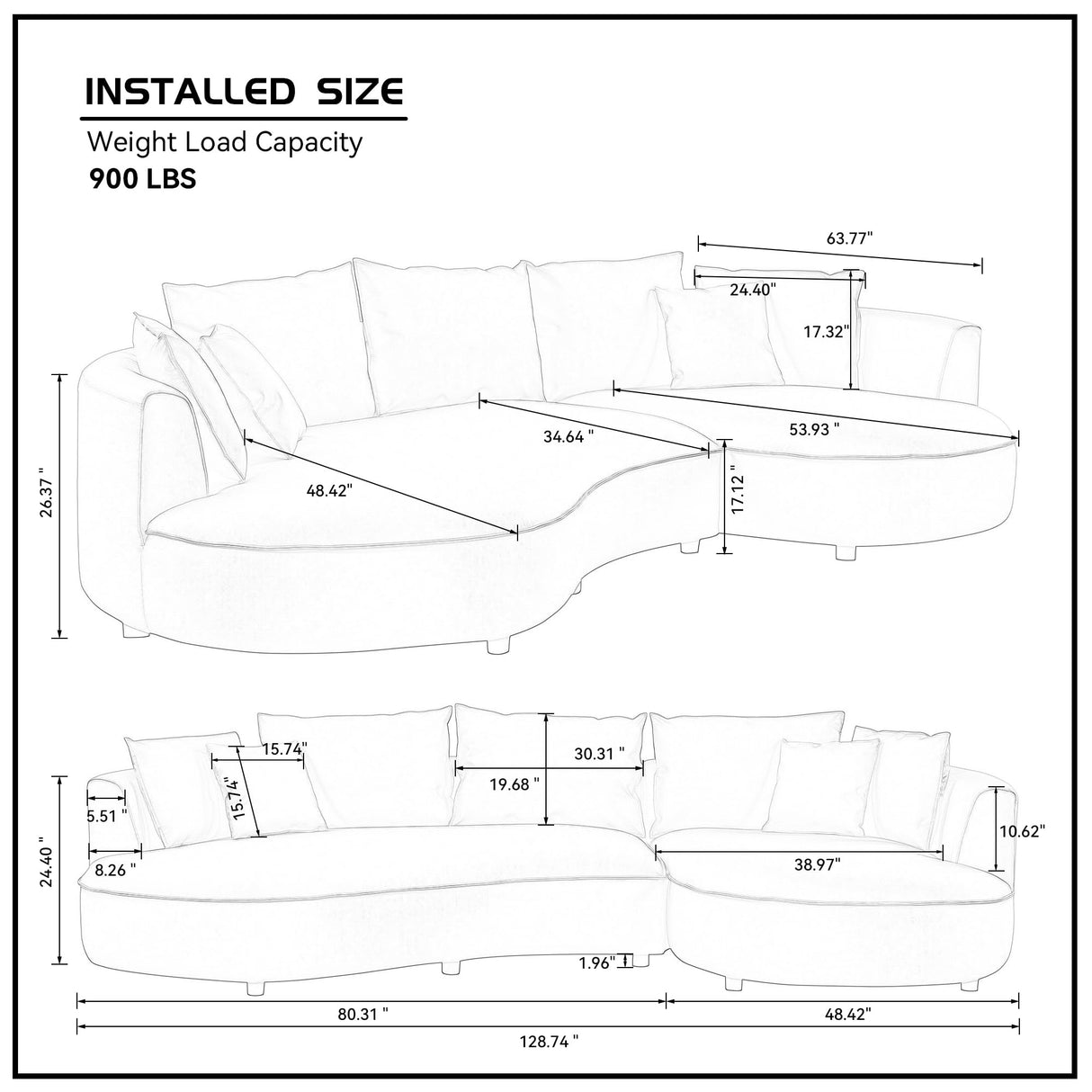KEIKI 129" Curved Oversized Modular Leathaire Sectional Sofa with Right Chaise, 4 Pillows, 3 Back Cushion, Modern Style Comfy 5-Seater Couch, Easy Assembly, for Office, Apartment, Living Room, Brown KEIKI