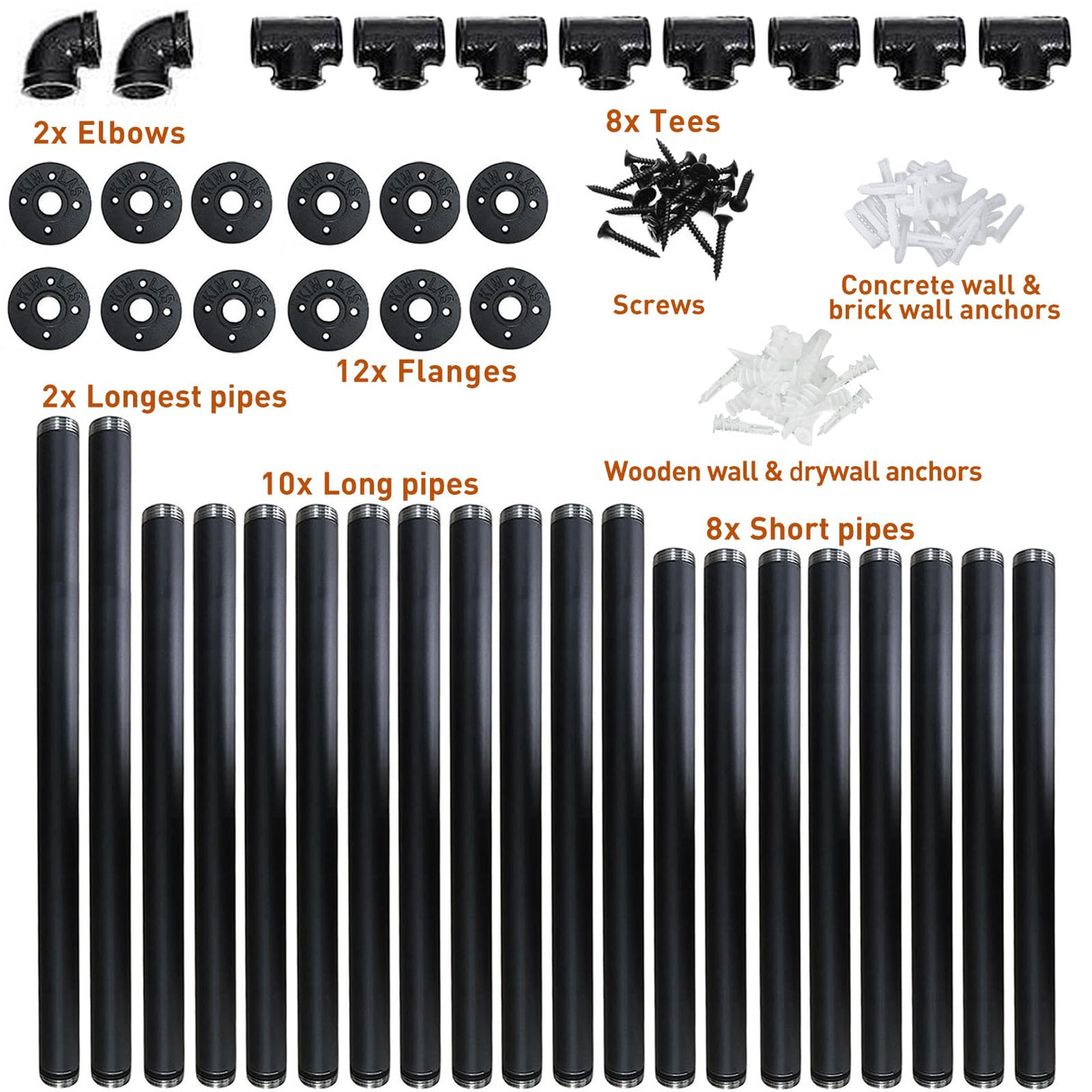 HITOMEN Industrial Iron Pipe Shelves, 2 Set 5-Tier 70.5" Tall 12" Depth, DIY Open Bookshelf Bookcase, Wall Mounted Vintage Retro Shelving, Rustic Farmhouse Pantry Kitchen Storage, Black Shelf Brackets HITOMEN