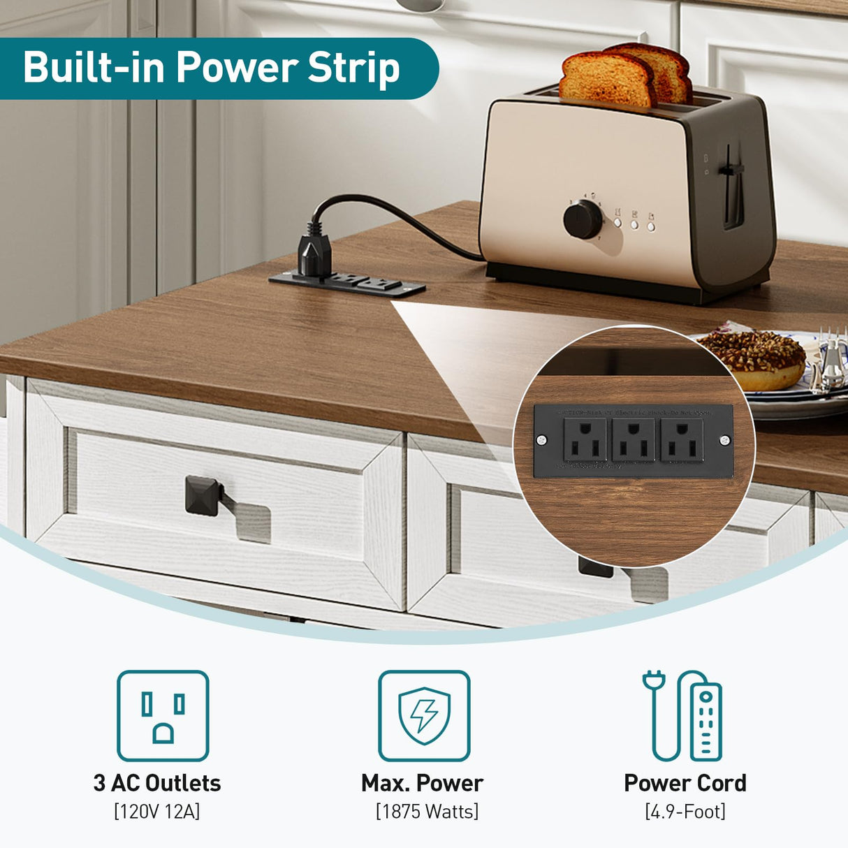 RALGEND Kitchen Island with Drop Leaf, Kitchen Cart with Charging Station, Kitchen Table with Storage, Rolling Island Table with 3 Drawers, Towel Rack and Spice Rack, White and Walnut RALGEND