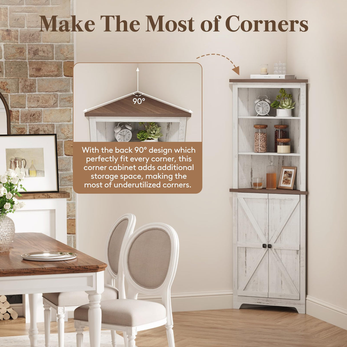 Lifewit Tall Corner Cabinet, Farmhouse Storage Cabinet with Barn Door Design & Adjustable Shelves, Home Space Saver for Bathroom, Living Room, Rustic White Lifewit