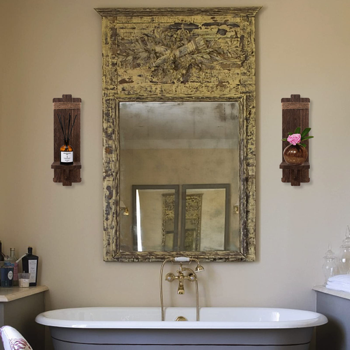 2Pcs Rustic Wall Hanging Candle Sconces- Farmhouse Wall Mounted Wooden Candle Holders for Flower Vase- Handmade Hanging Wall Sconces for Bedroom Living Room Kitchen Bathroom (Brown) Alphatool