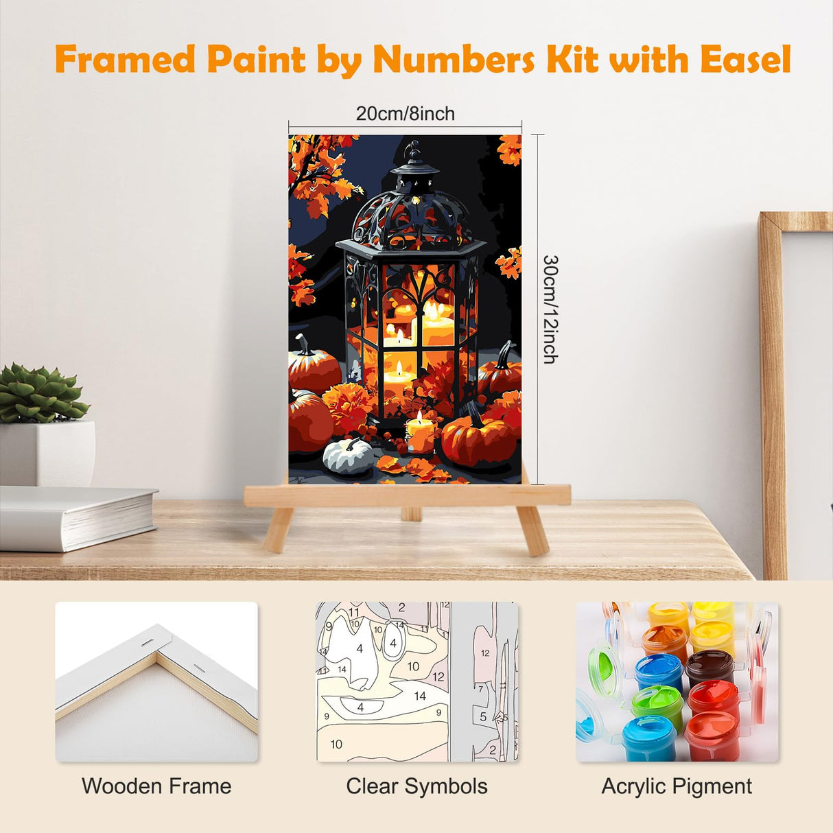 MOGTAA Halloween Paint by Numbers Kit for Adults Beginners with Frame, Fall Pumpkin Adult Paint by Number Kits on Canvas with Easel, Easy DIY Candle Oil Painting Kits for Home Decor, 8x12in MOGTAA