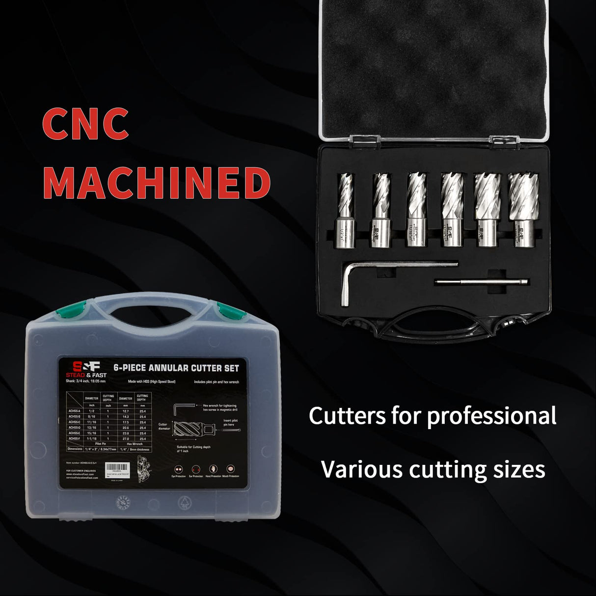 Annular Cutter Set 6 Pcs, Weldon Shank 3/4”, Cutting Depth 1”, Outside Diameter 1/2 to 1-1/16 Inch, Mag Drill Bits Kit for Magnetic Drill Press by S&F STEAD & FAST S&F STEAD & FAST