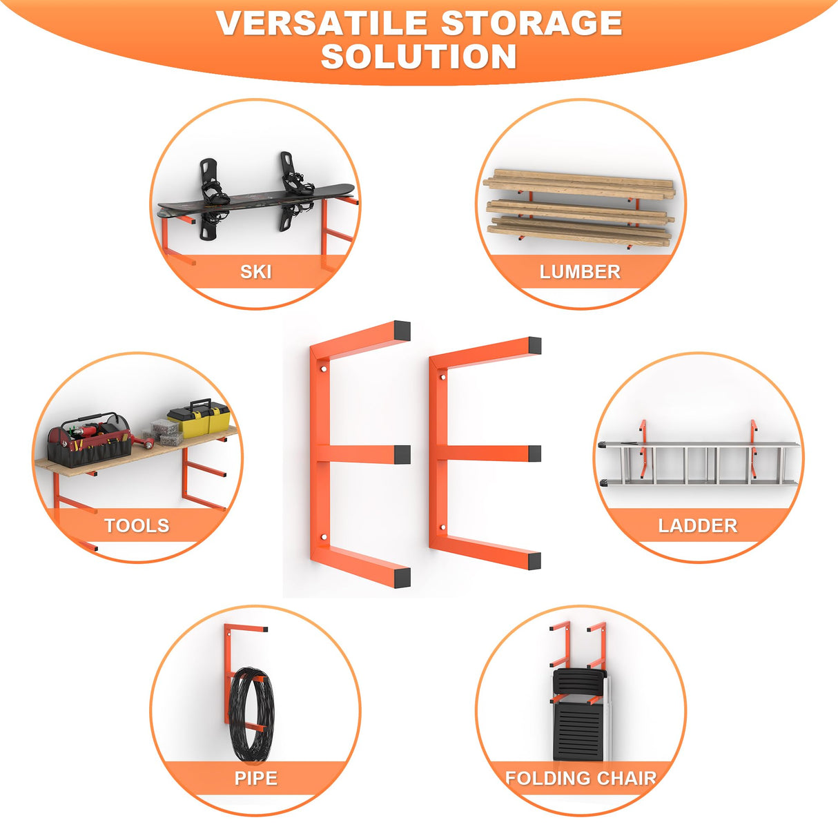 Ultrawall Lumber Storage Rack Wall Mount Wood Storage Racks, Metal Wood Organizer Racks for Shed, Workshop, Garage, Holds Up 220 LBS Per Level (Pack of 2, Orange) Ultrawall
