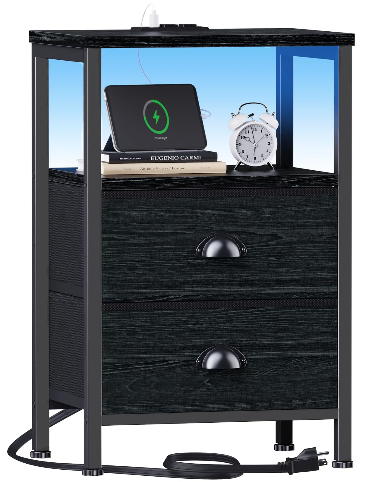 Furologee Nightstands with Charging Station, End Table with LED Lights, Black Night Stands with 2 Fabric Drawers, Bedside Tables with Shelves for Living Room/Bedroom,Black Oak Furologee