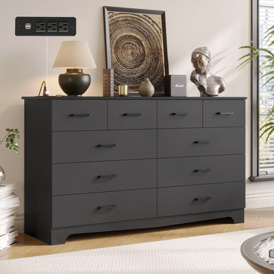 DICTAC Black Dresser for Bedroom with 10 Drawers, Large Chest of Drawers Storage Organizer, Long Dresser TV Stand with Power Outlets, Wide Dressers for Bedroom, Living Room 55.1" W x 32.3" H x 15.8" D