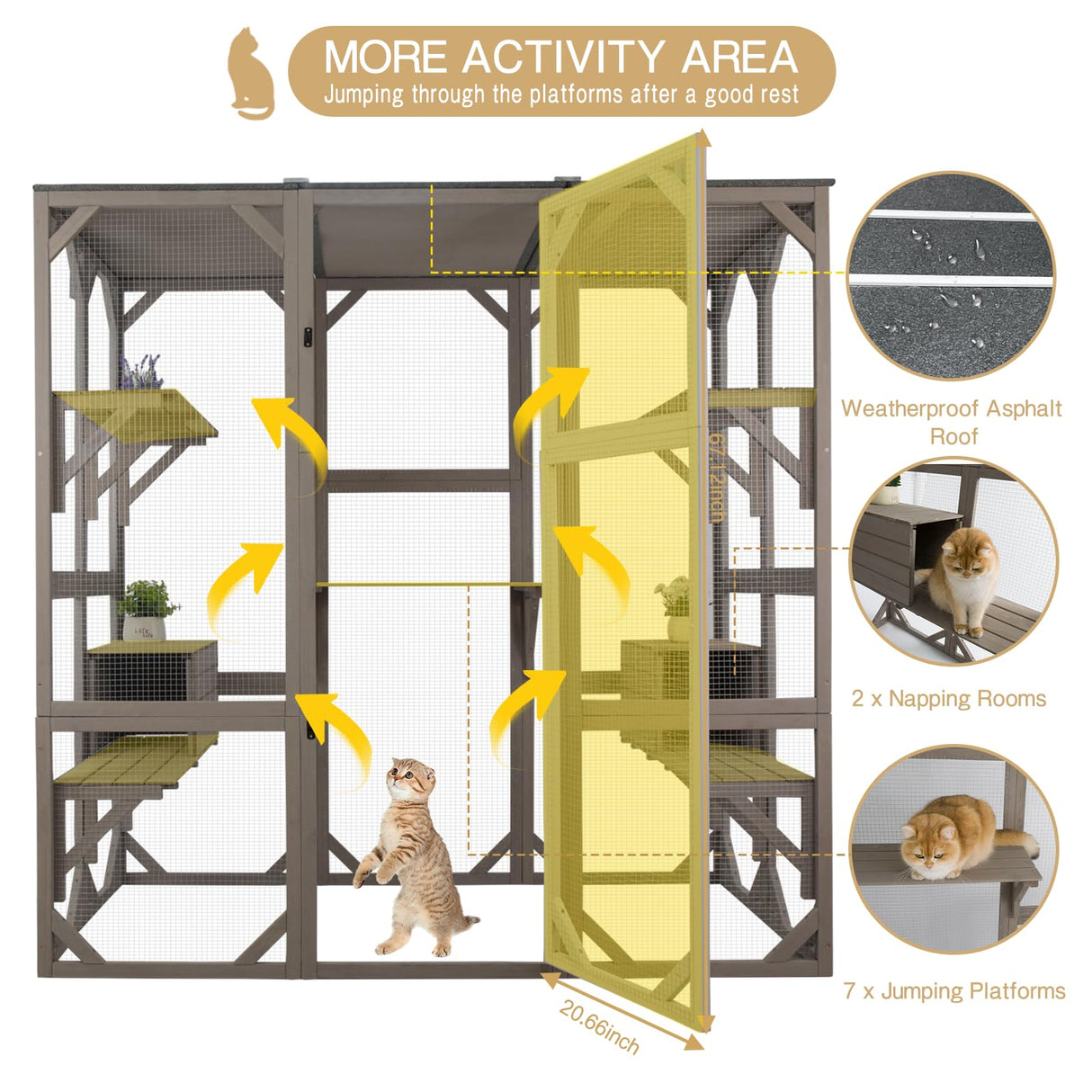 PetsCosset 71" Catio Outdoor Cat Enclosure, Large Wooden Outdoor Cat House Kitty Catio Enclosure for Indoor Cats, Outdoor Catio Weatherproof Attached to Window Catio for Cats, 7Platforms-71 H PetsCosset