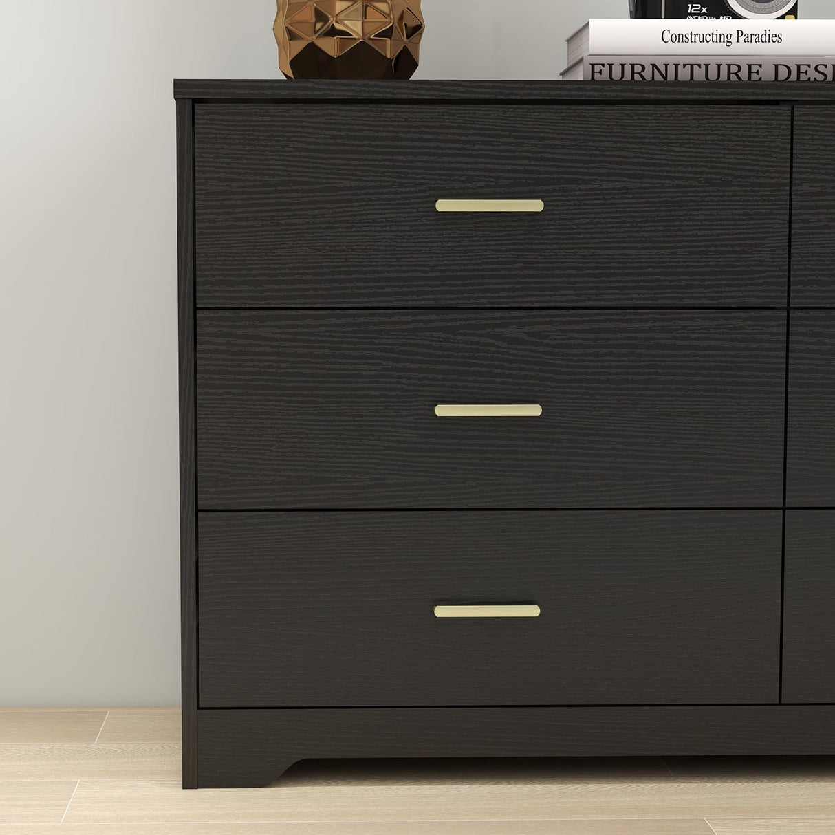 Modern 6 Drawer Wood Dresser, Wood Lateral Chest of Drawers Storage Organizer with Wide Drawers & Metal Gold Handles for Bedroom, Living Room, Hallway, Entryway Panana
