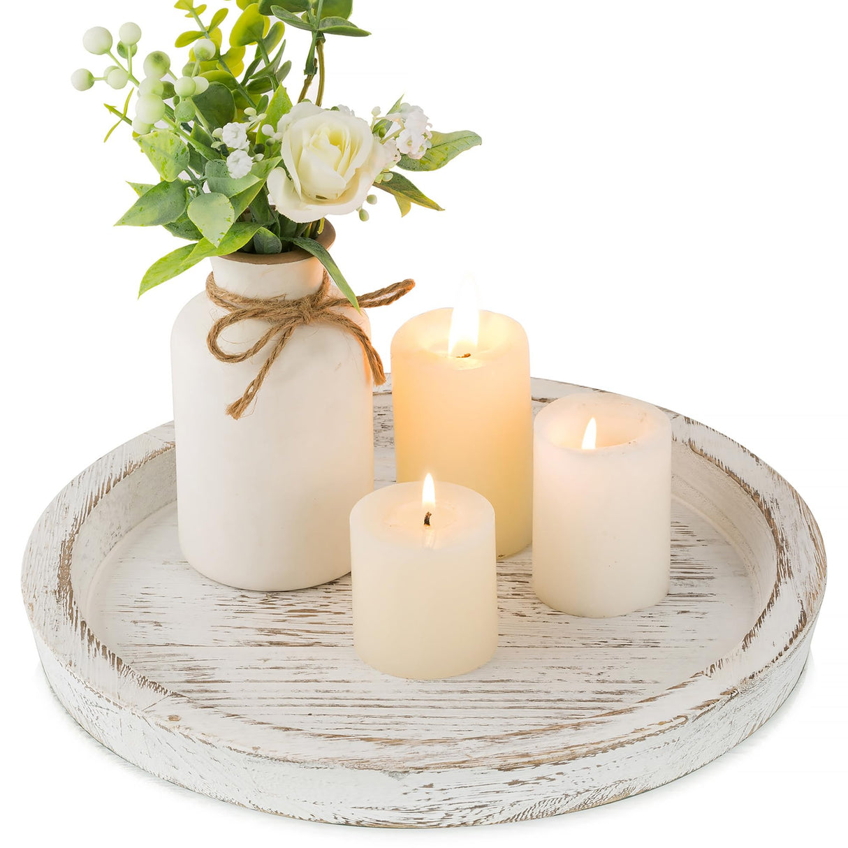 Hanobe Candle Plate Holder Tray: Round Wooden Decorative Candle Plate Small Farmhouse Table Centerpiece Rustic White Wood Tealight Pillar Trays for Home Decor Hanobe