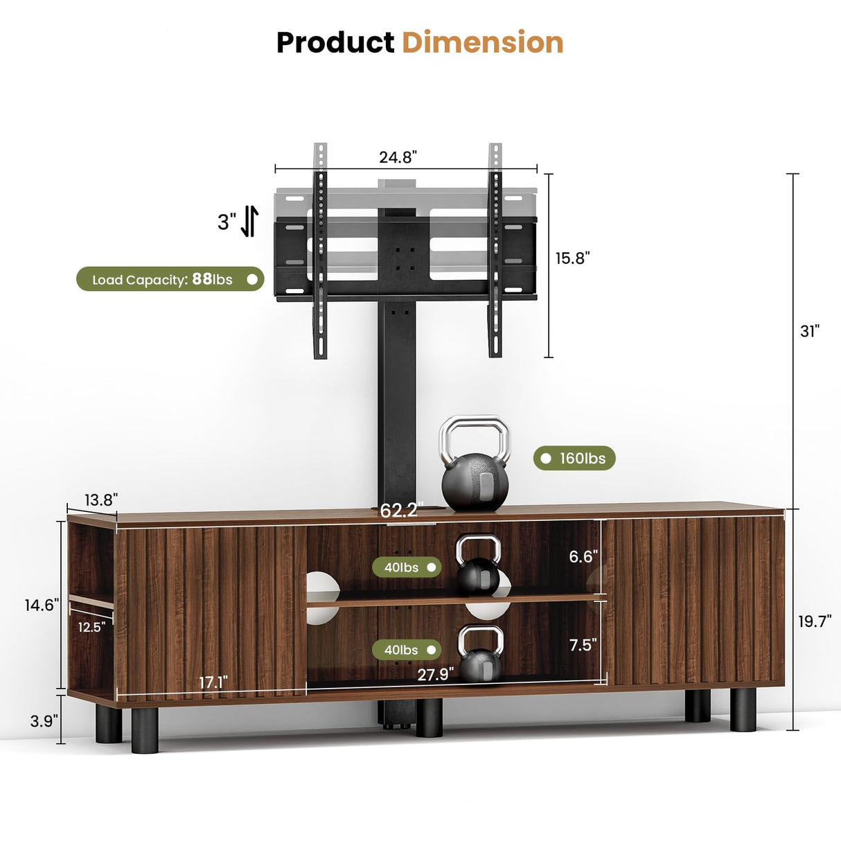 Lamtor TV-Stand with Mount and Power Outlet, Fluted TV Stand for 65 70 75 Inch TV, Entertainment Center with Storage, Media Console Table for Living Room, Walnut Lamtor