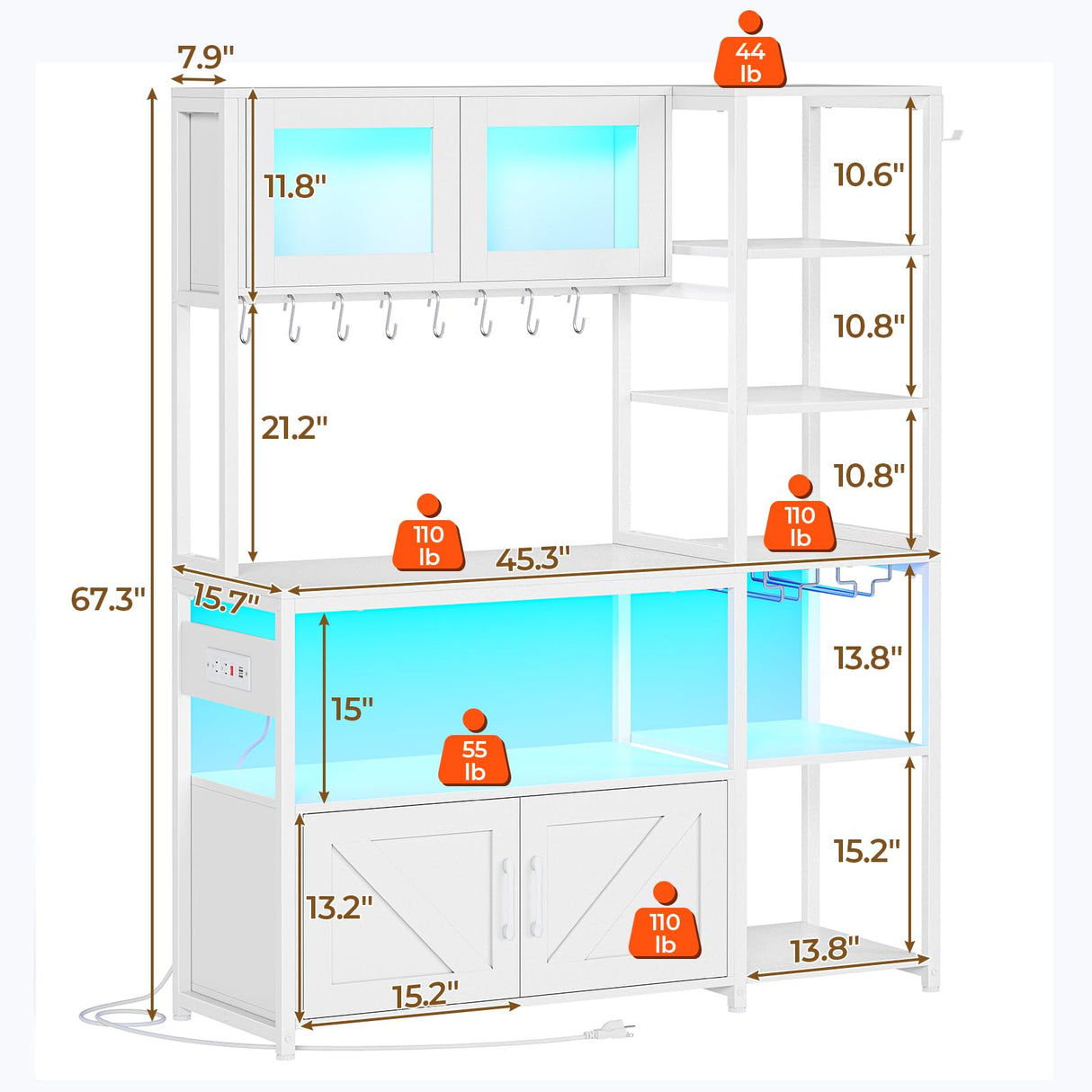 Itaar Bakers Rack with Power Outlet and LED Light, 45.3 Inch Farmhouse Coffee Bar Cabinet, Kitchen Microwave Stand with Storage, Glass Cabinet, Goblet Holder and 8 Hooks (White) Itaar