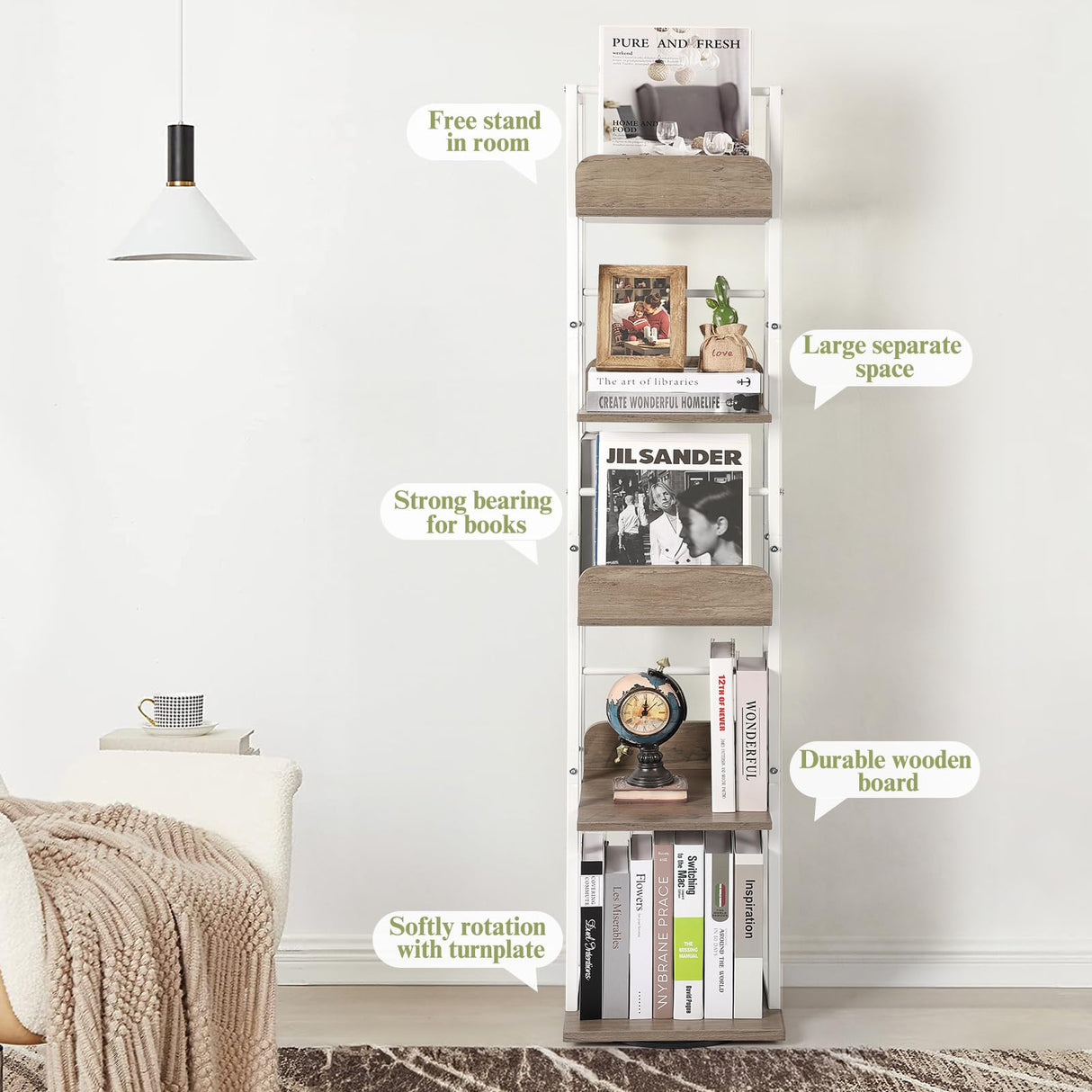 Bikoney 5-Tier Rotating Bookshelf Tower - Tall Industrial White Bookcase for Corners and Small Spaces Bikoney