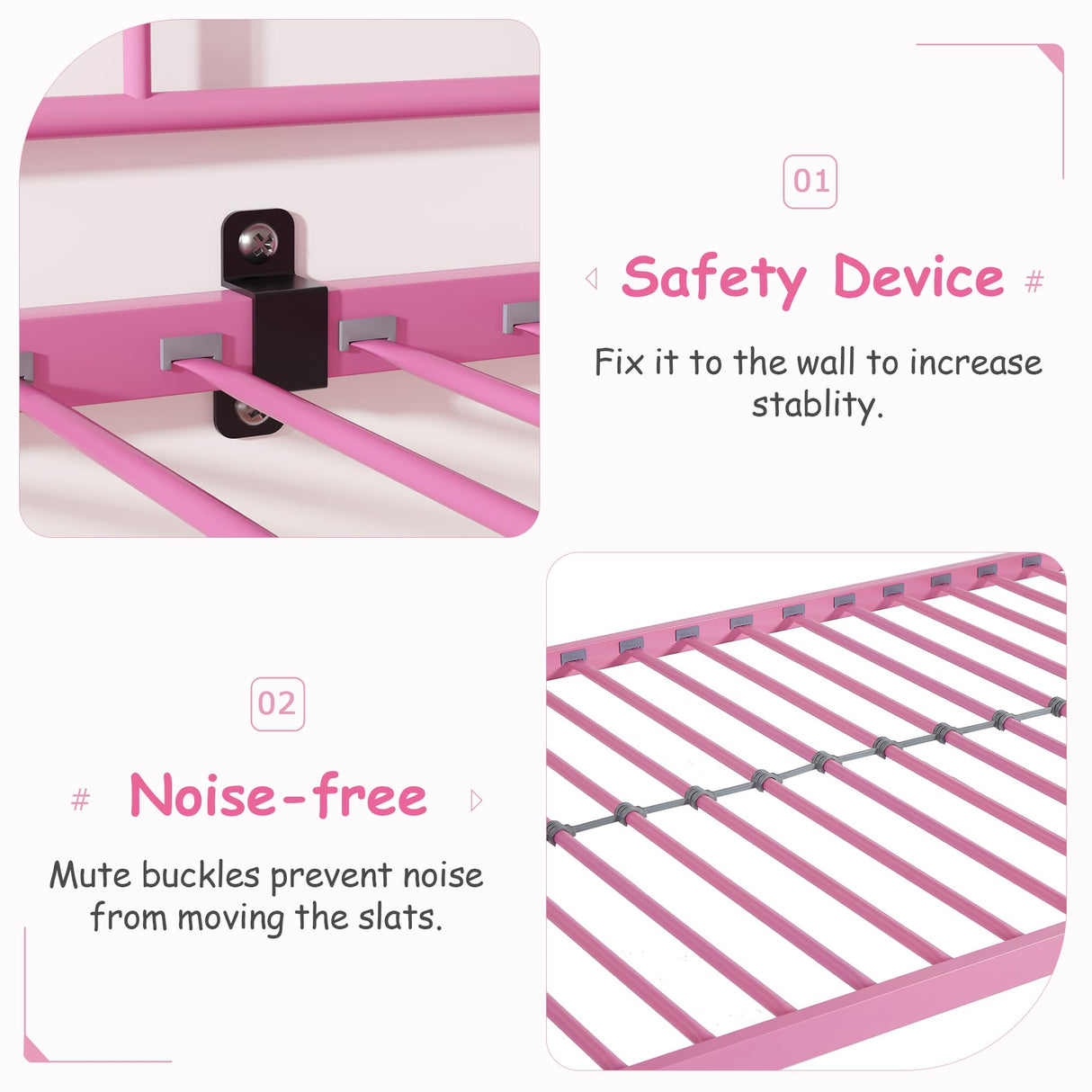 VECELO Twin Over Twin Bunk Bed with Built-in Ladder and Safety Guardrail, Heavy Duty Metal Bunkbeds, Space Saving, No Box Spring, Pink VECELO