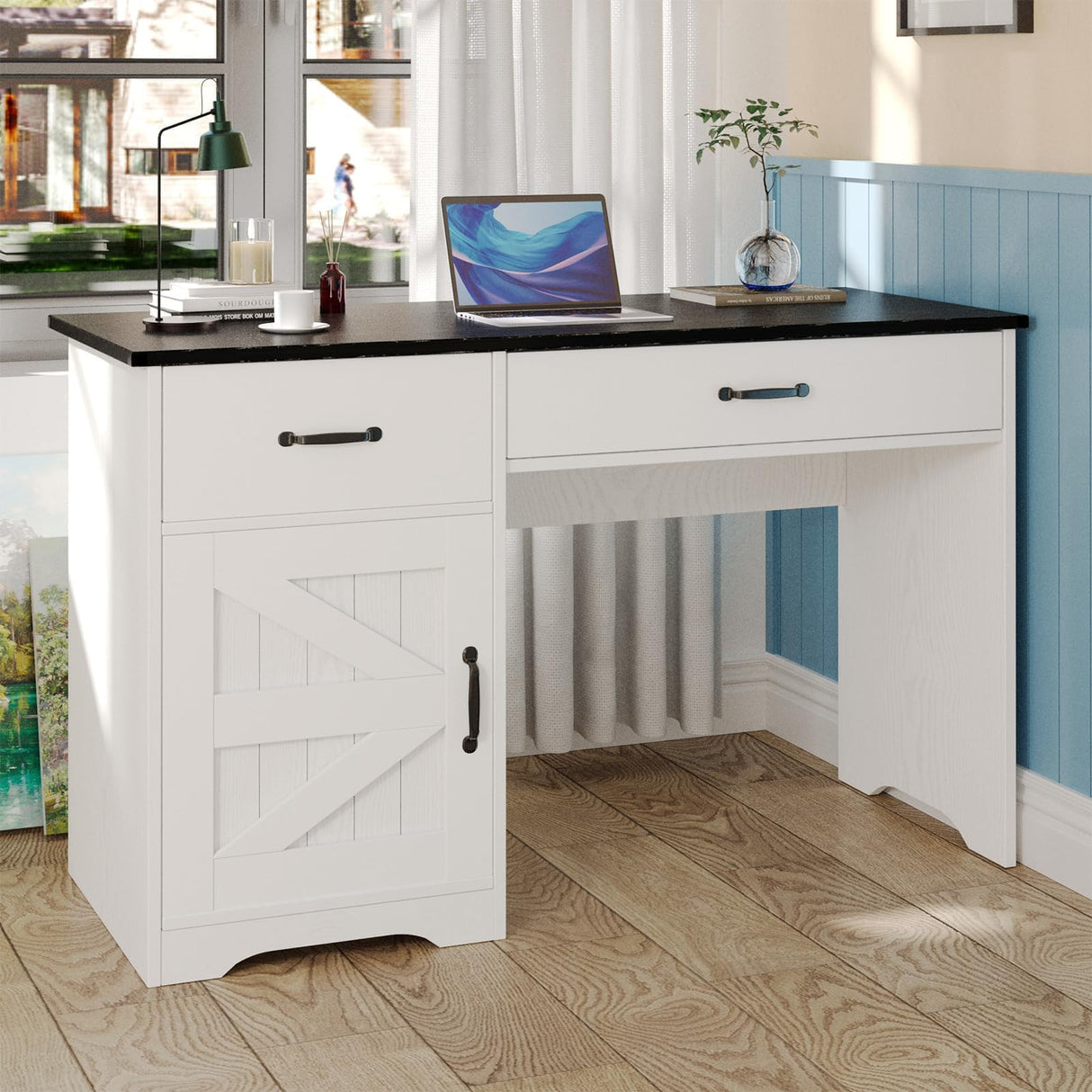 MaverickFurni White Computer Desk with 2 Drawers and Storage Cabinet, Farmhouse Desk with Drawers for Small Spaces, Wooden Desk for Bedroom MaverickFurni