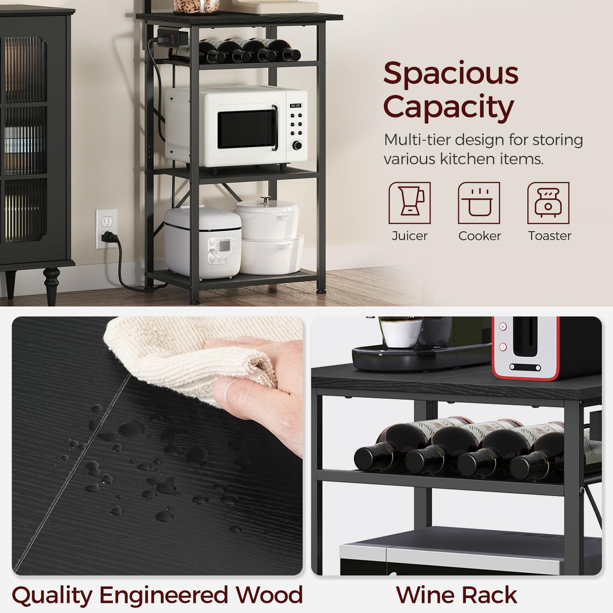 MAHANCRIS Bakers Rack with Power Outlet, Coffee Bar Station with Wine Rack, Bakers Racks for Small Spaces, Microwave Stand for Kitchen, Black BRBK23E01 MAHANCRIS