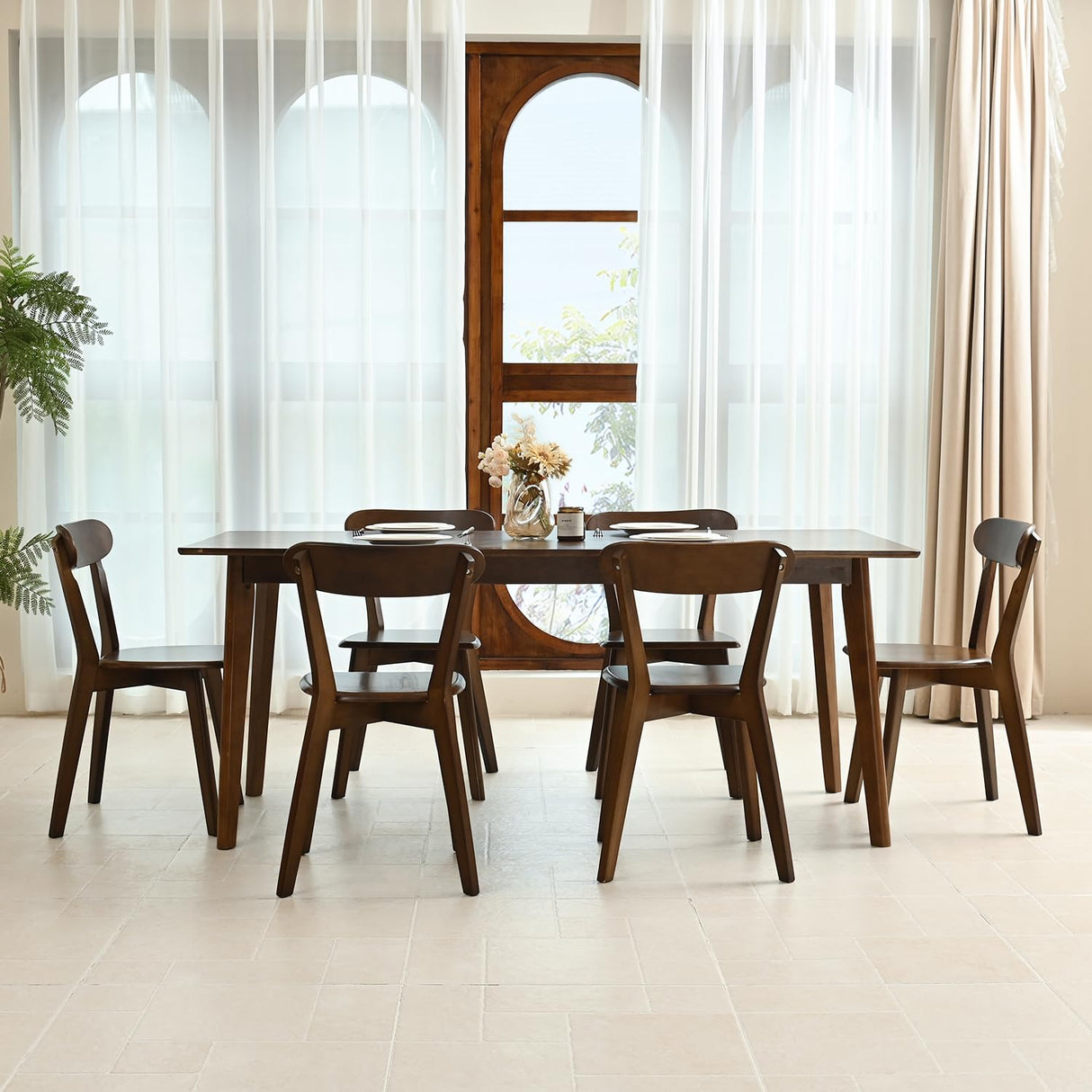 DELAVIN Soild Wood Dining Chairs Set of 6, Mid Century Oak Wood Kitchen Chairs, Vintage Dining Room Chairs Set Suitable for Kitchen, Stackable Dining Chairs, Walnut DELAVIN