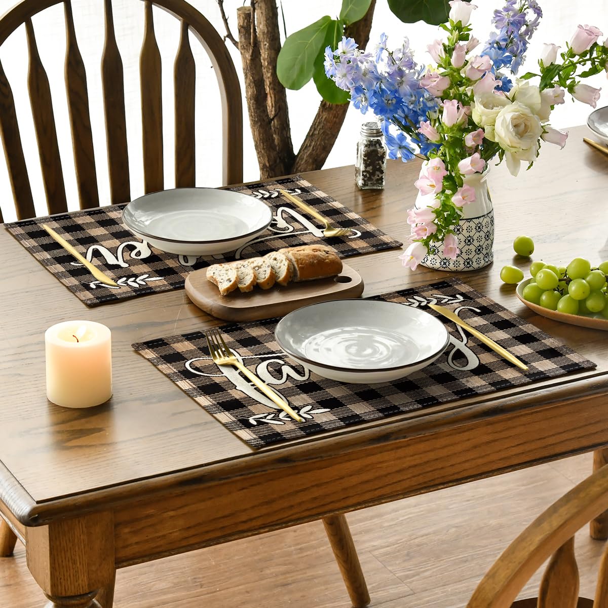 Artoid Mode Wood Love Family Home Together Buffalo Plaid Placemats Set of 4, 12x18 Inch Farmhouse Table Mats Party Kitchen Dining Decoration Artoid Mode