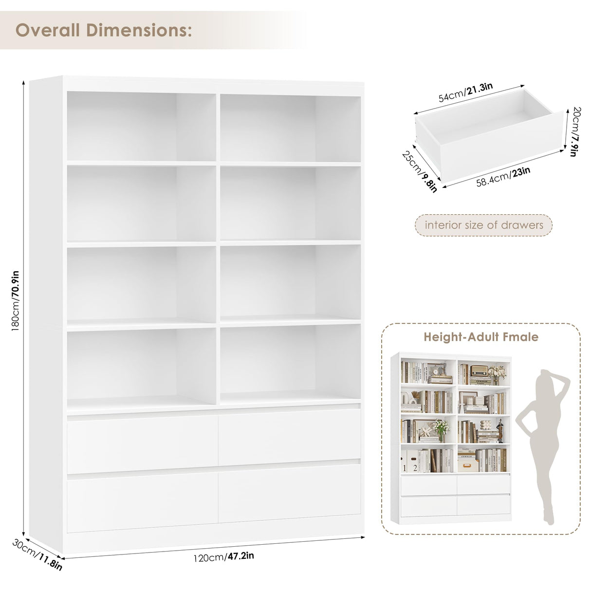 FINETONES 71" White Bookshelf with Drawers, 47.3" Double Wide Bookshelves and Bookcases with Storage, Tall Bookshelf Large Open Book Shelf Standing Book Case for Home Office, White FINETONES