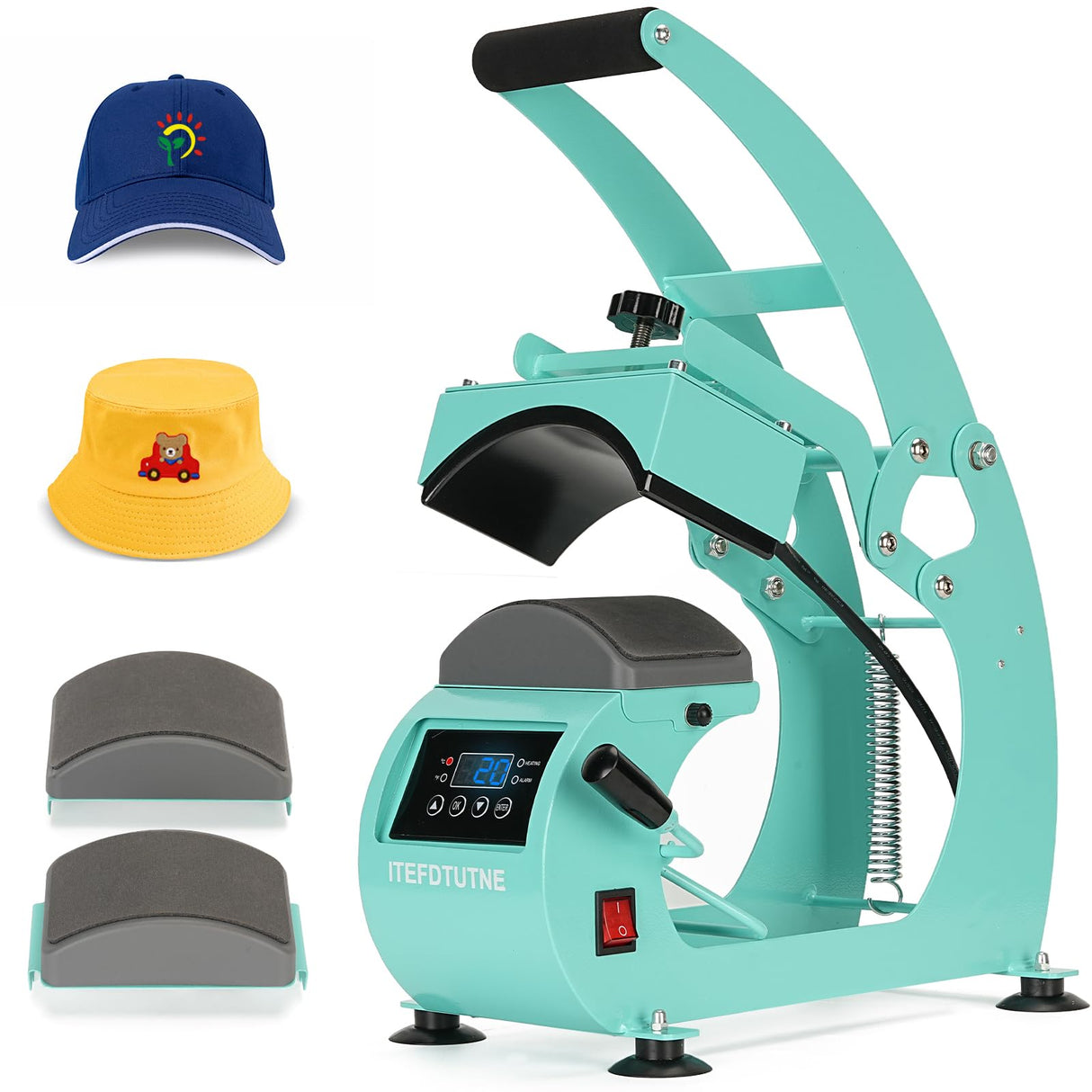 ITEFDTUTNE Hat Heat Press Machine for Caps Inclusive 2pcs Interchangeable Platens (6.7"x3.8", 6.7"x2.5"), Cap Heat Press for Hats Rigid Steel Frame No Stick Digital LCD Timer and Temperature Control ITEFDTUTNE